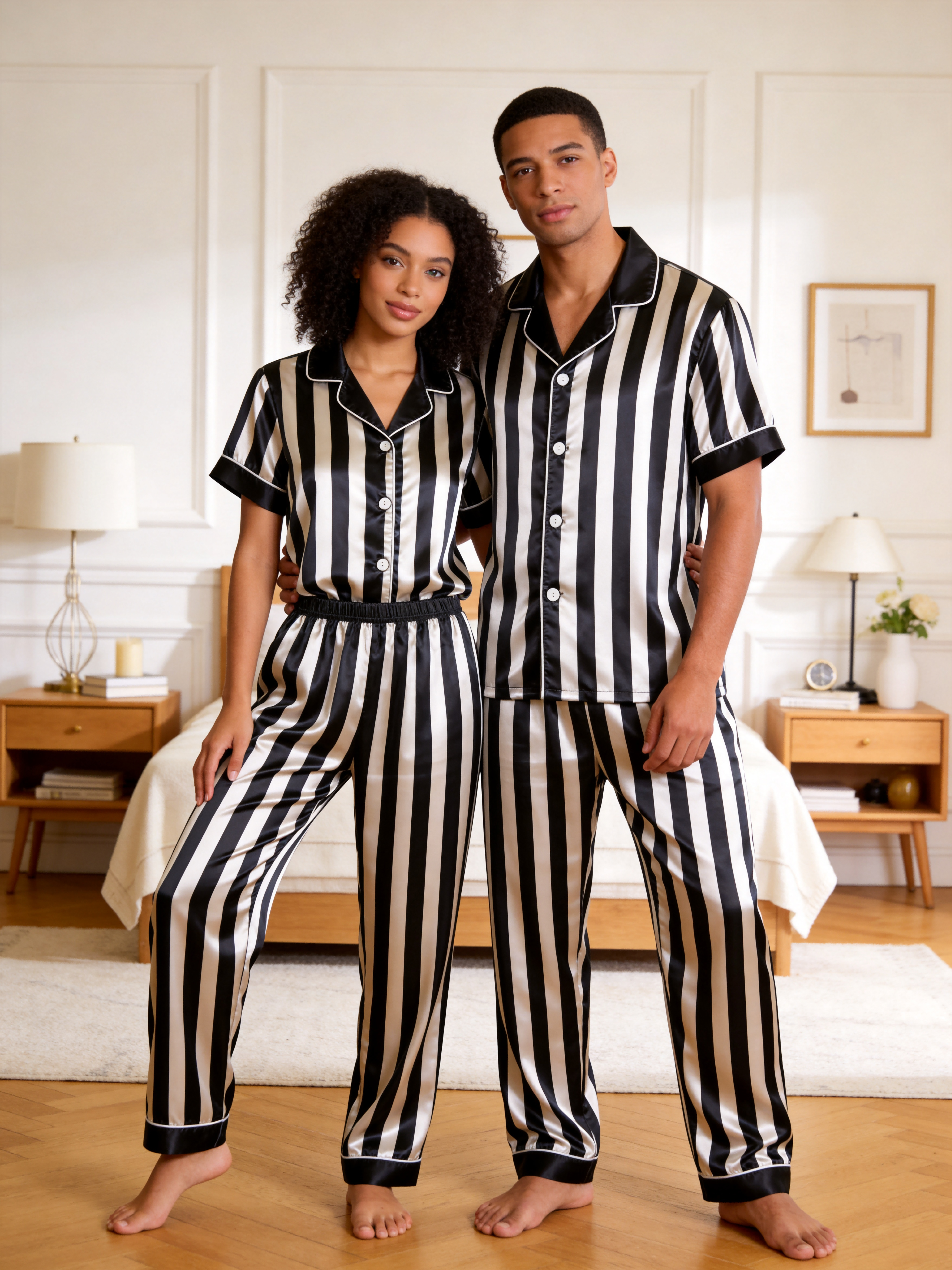 Classic Striped Satin Matching Couple Pajamas – Short Sleeve Button-Down Top & Pants Sleepwear Set
