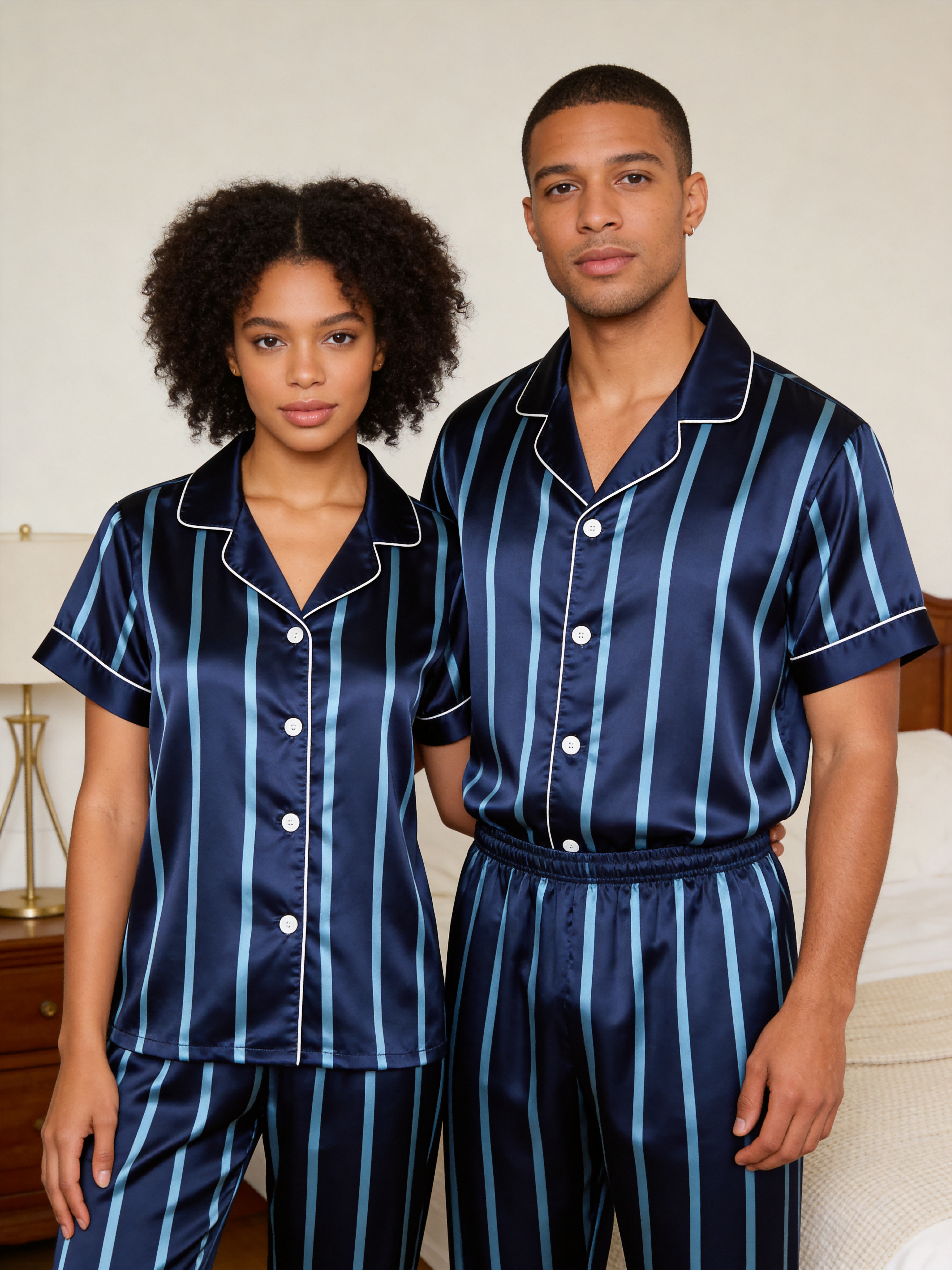 Vertical Stripe Short Sleeve Notched Collar Button-Down Shirt and Long Pants Nightwear