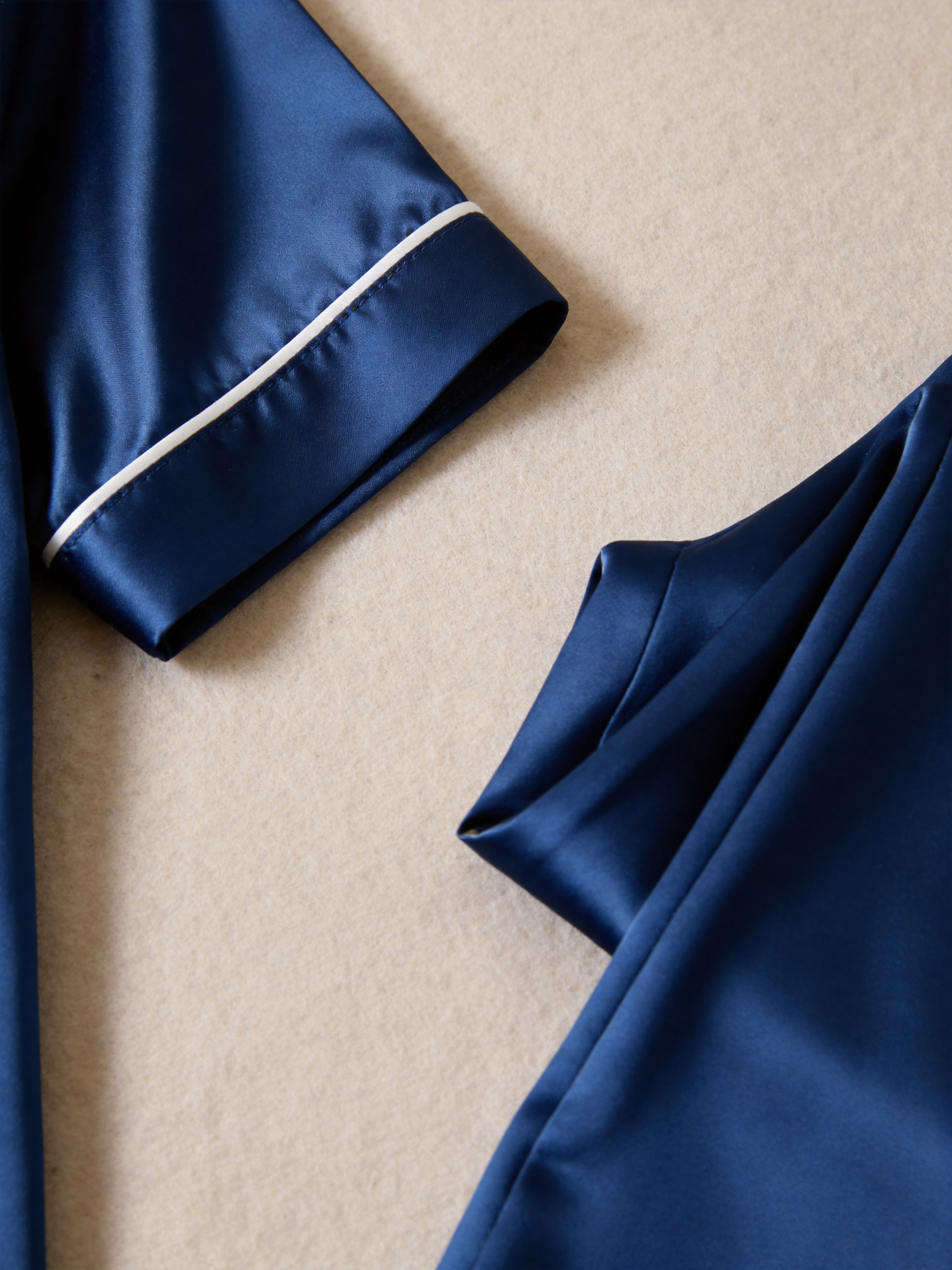 Solid Navy Blue Satin Short Sleeve Couple Button-Down Pajamas