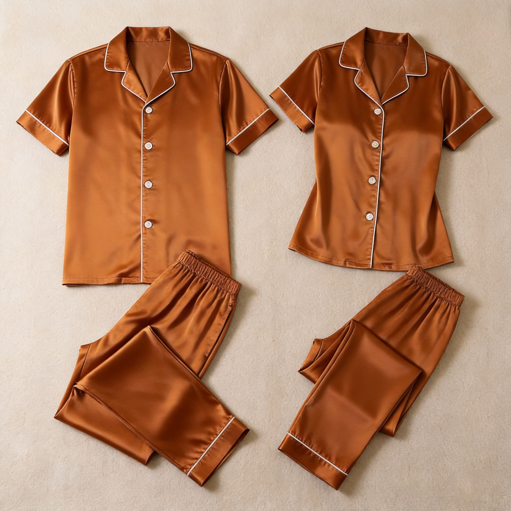 Solid Beige Satin Short Sleeve Couple Button-Down Pajamas
