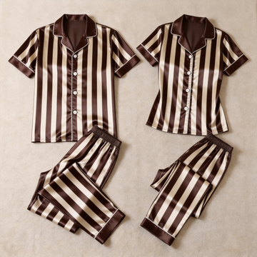 Classic Striped Satin Matching Couple Pajamas – Short Sleeve Button-Down Top & Pants Sleepwear Set