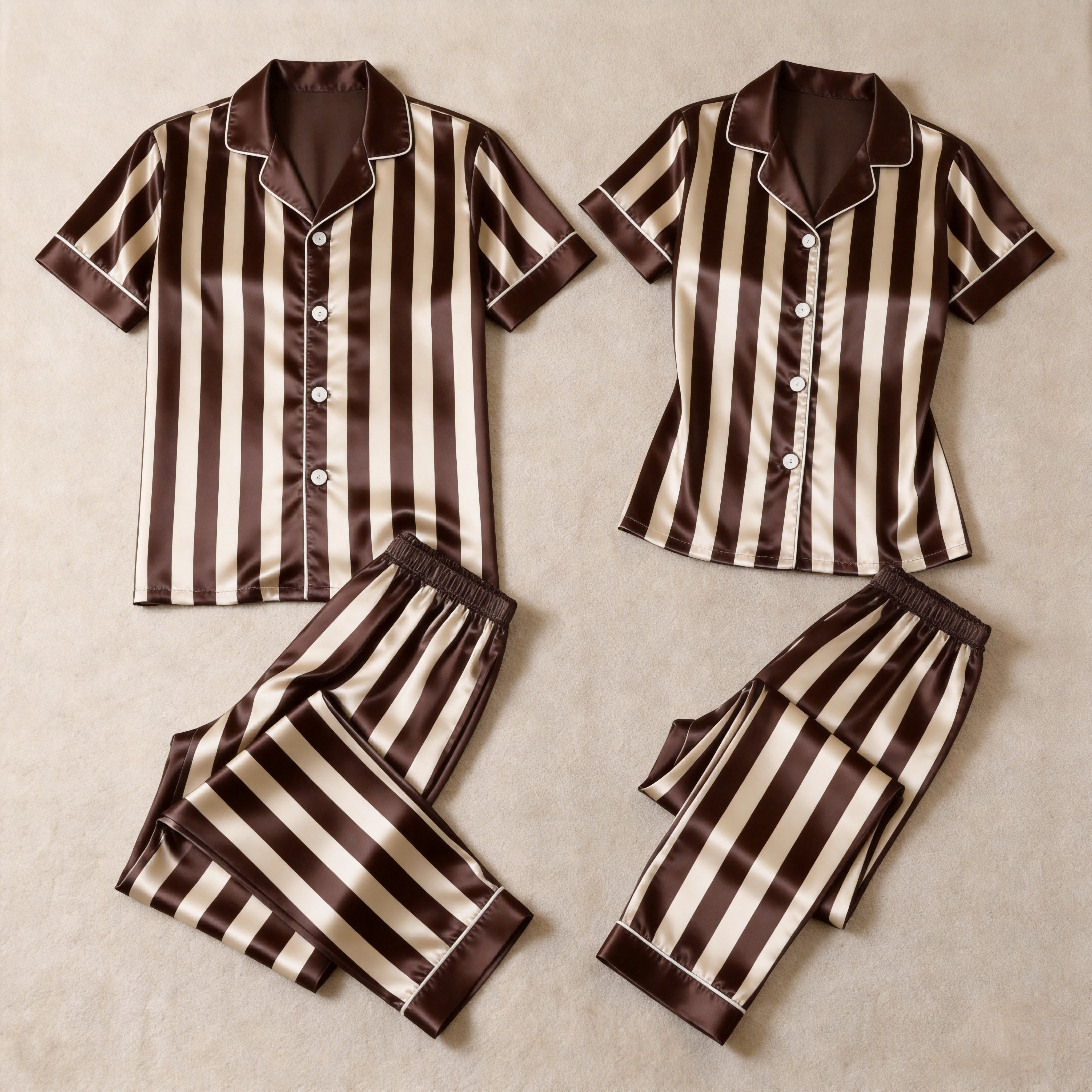 Classic Striped Satin Matching Couple Pajamas – Short Sleeve Button-Down Top & Pants Sleepwear Set