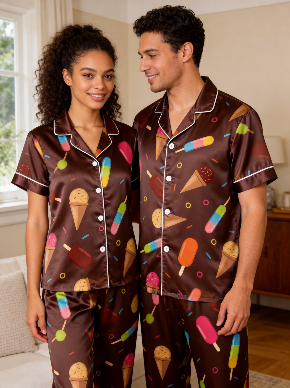 Sweet Ice Cream Print Satin Matching Couple Pajamas – Short Sleeve Notched Collar PJ Set with Pants