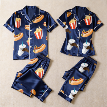 Movie Night Popcorn & Soda Satin Couples Pajamas – Short Sleeve Button-Up Loungewear Set with Pants