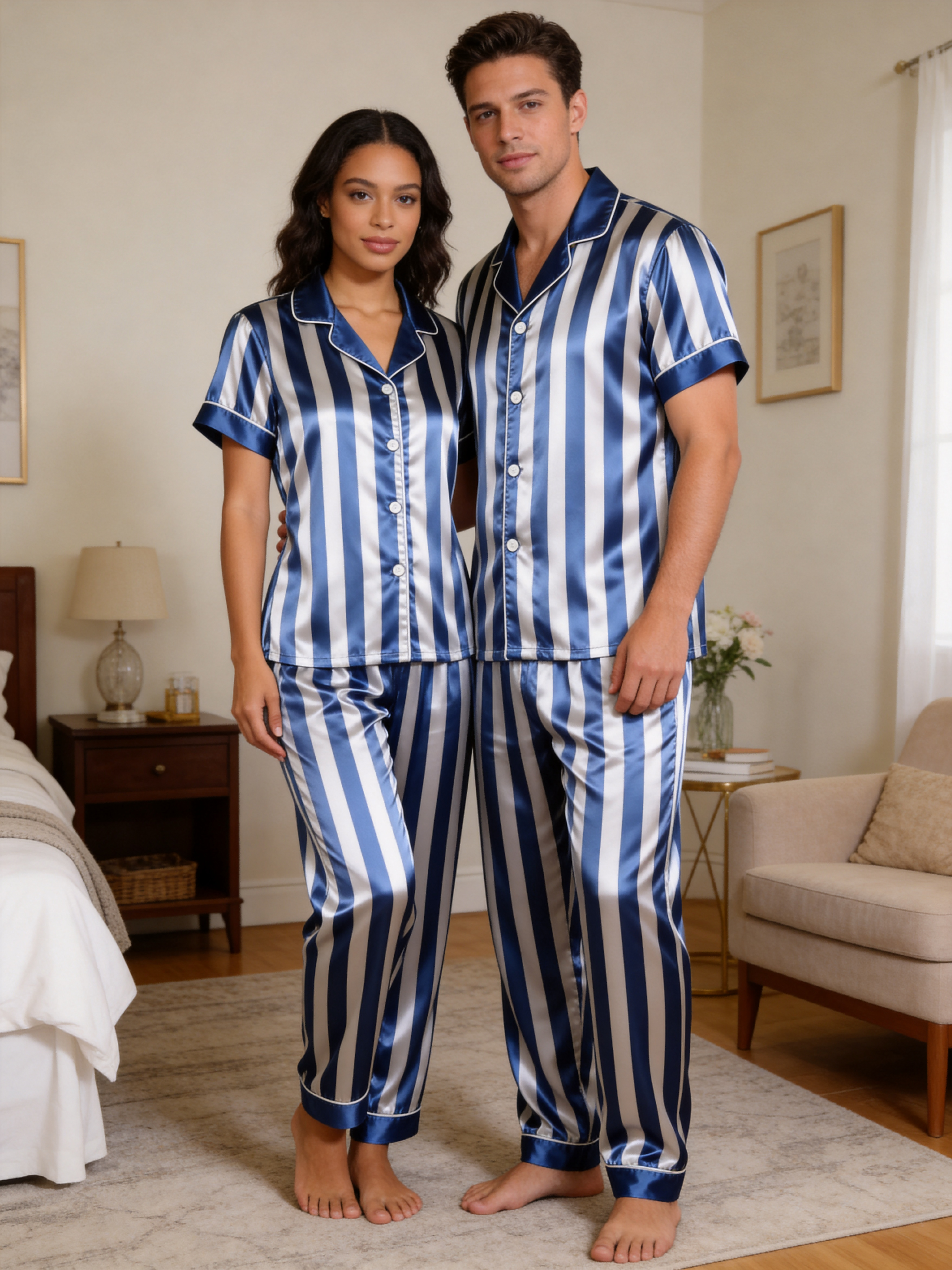 Classic Striped Satin Matching Couple Pajamas – Short Sleeve Button-Down Top & Pants Sleepwear Set