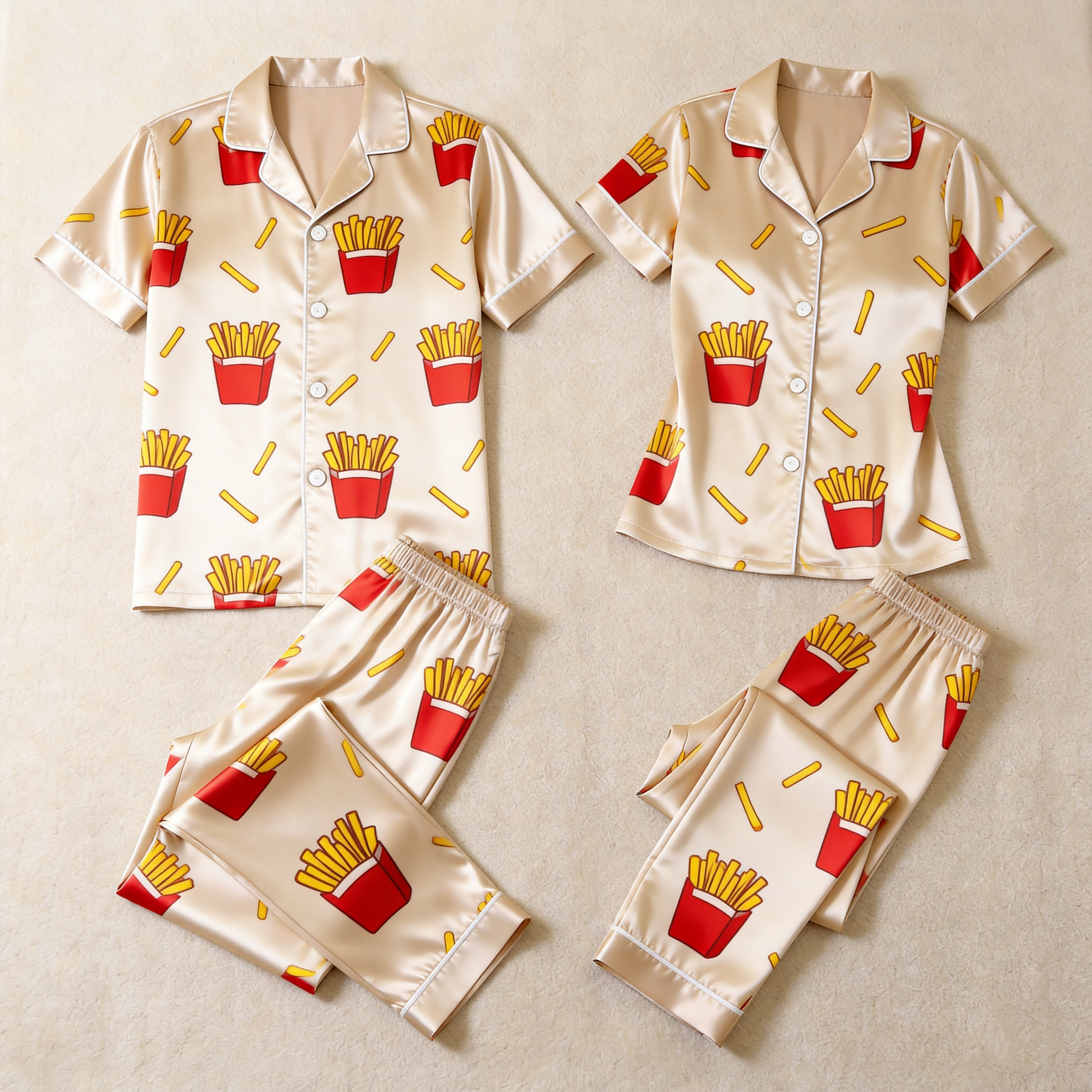 Cute Food Print Couple Short Sleeve Satin Button-Down Top & Pants Sleepwear Set