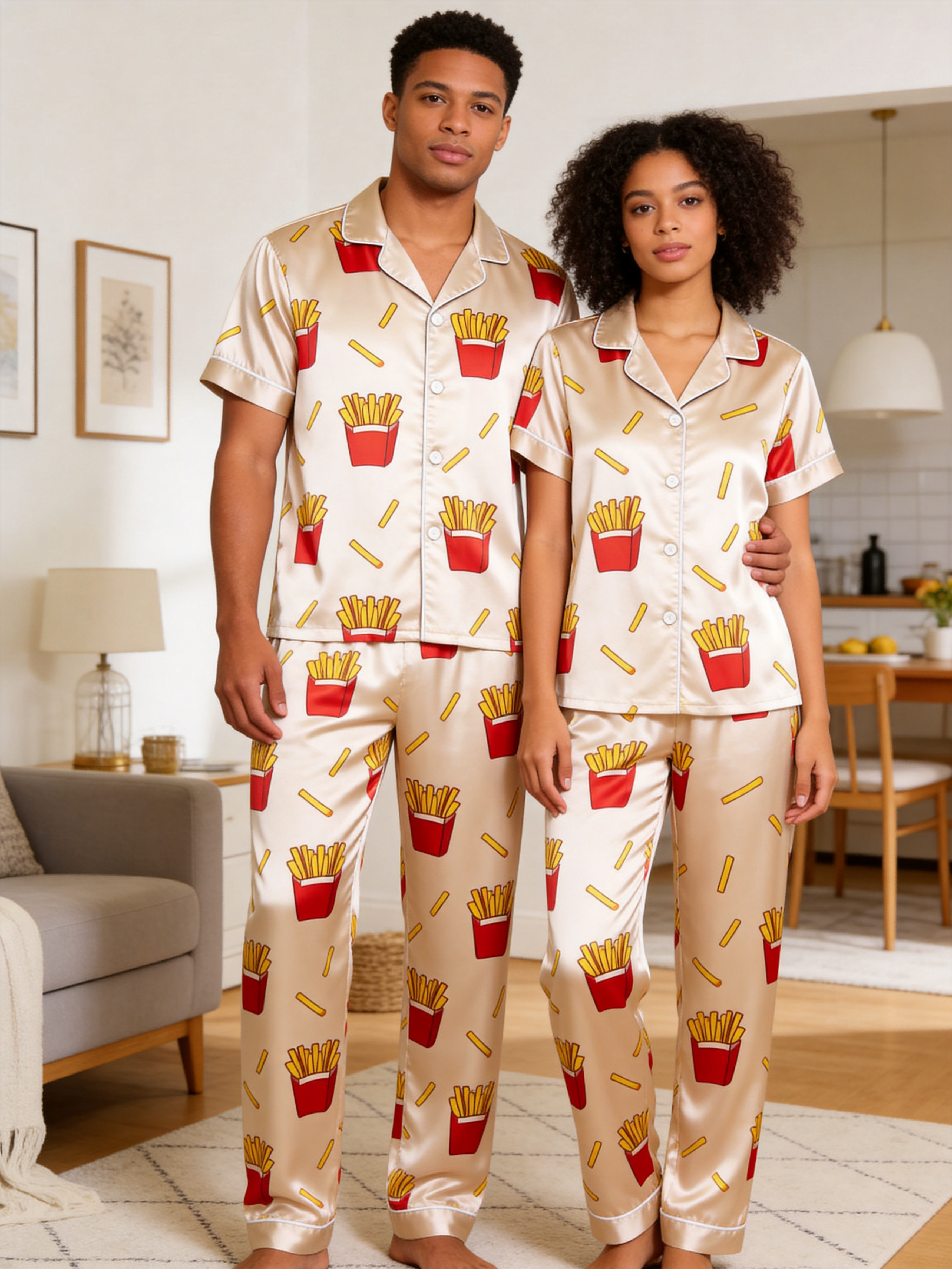 Cute Food Print Couple Short Sleeve Satin Button-Down Top & Pants Sleepwear Set