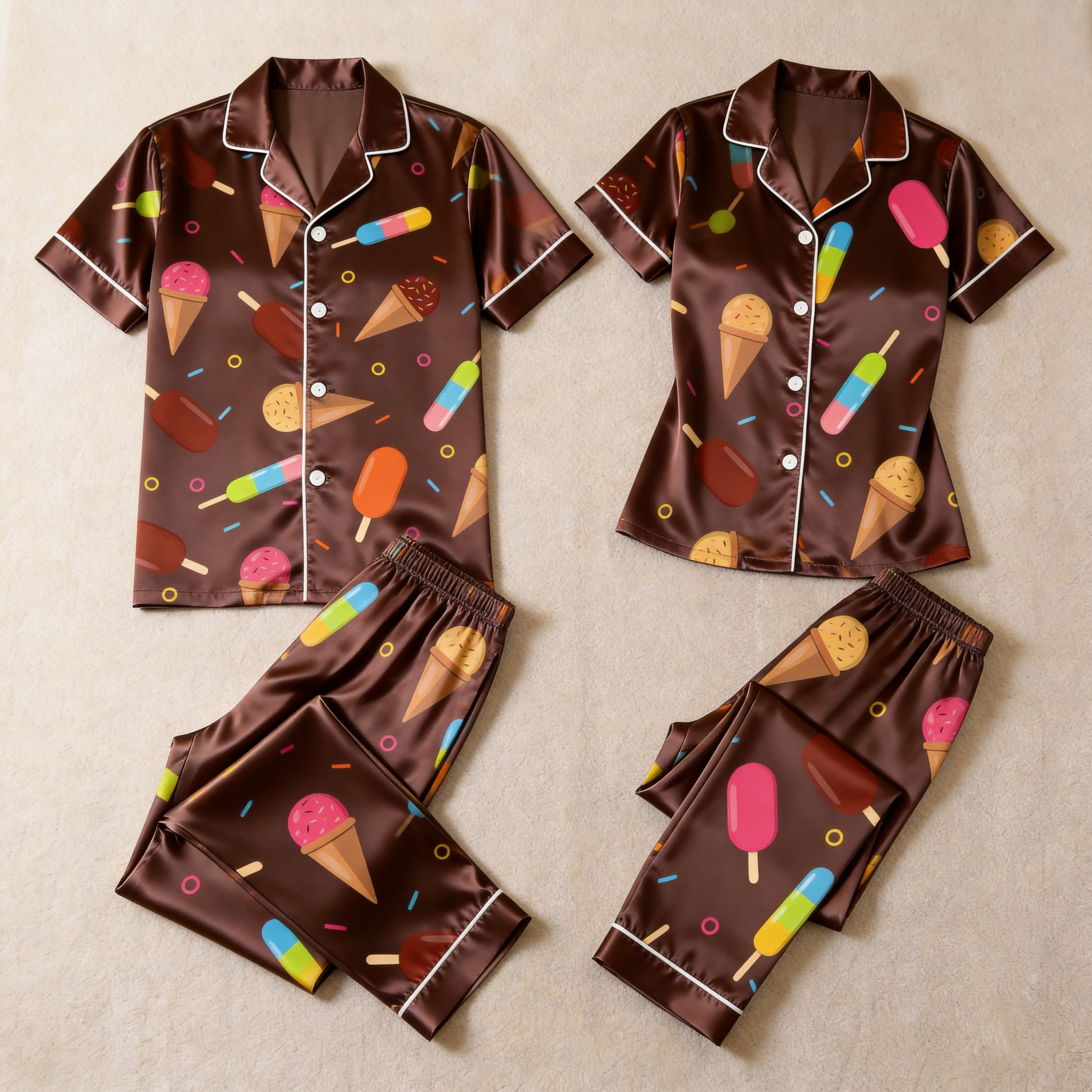 Cute Food Print Couple Short Sleeve Satin Button-Down Top & Pants Sleepwear Set