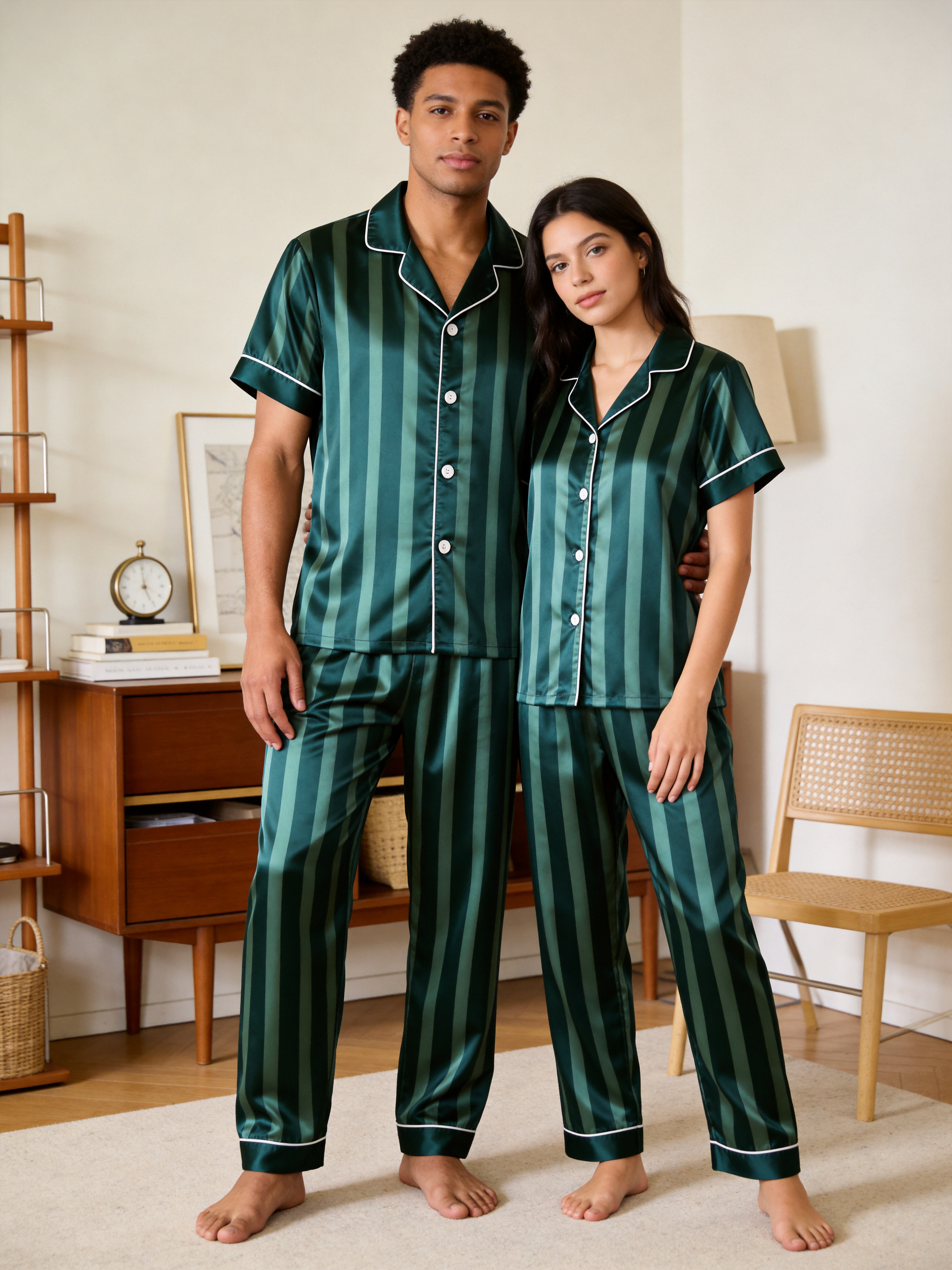 Luxury Vertical Stripe Satin Couples Pajamas