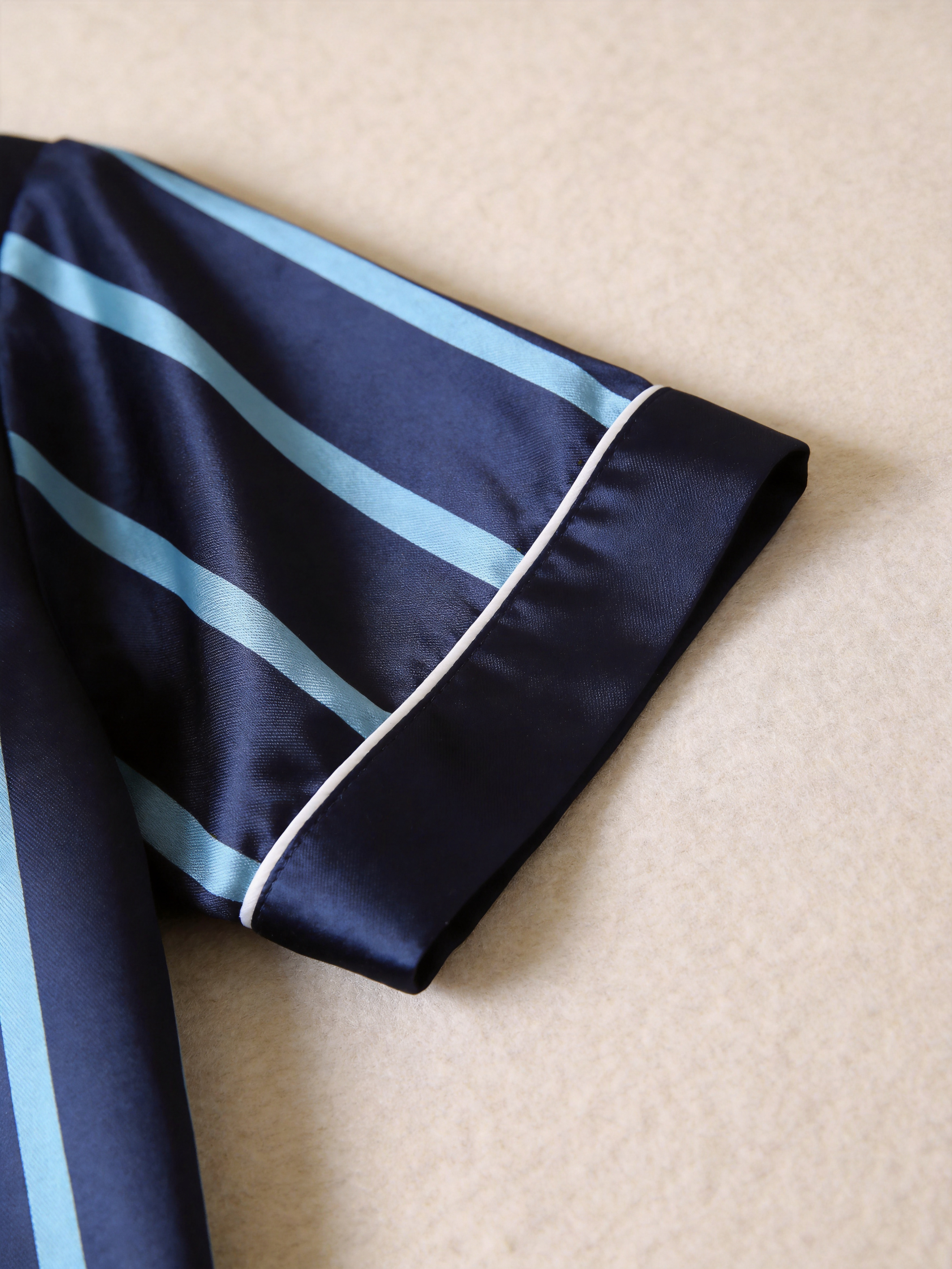 Vertical Stripe Short Sleeve Notched Collar Button-Down Shirt and Long Pants Nightwear
