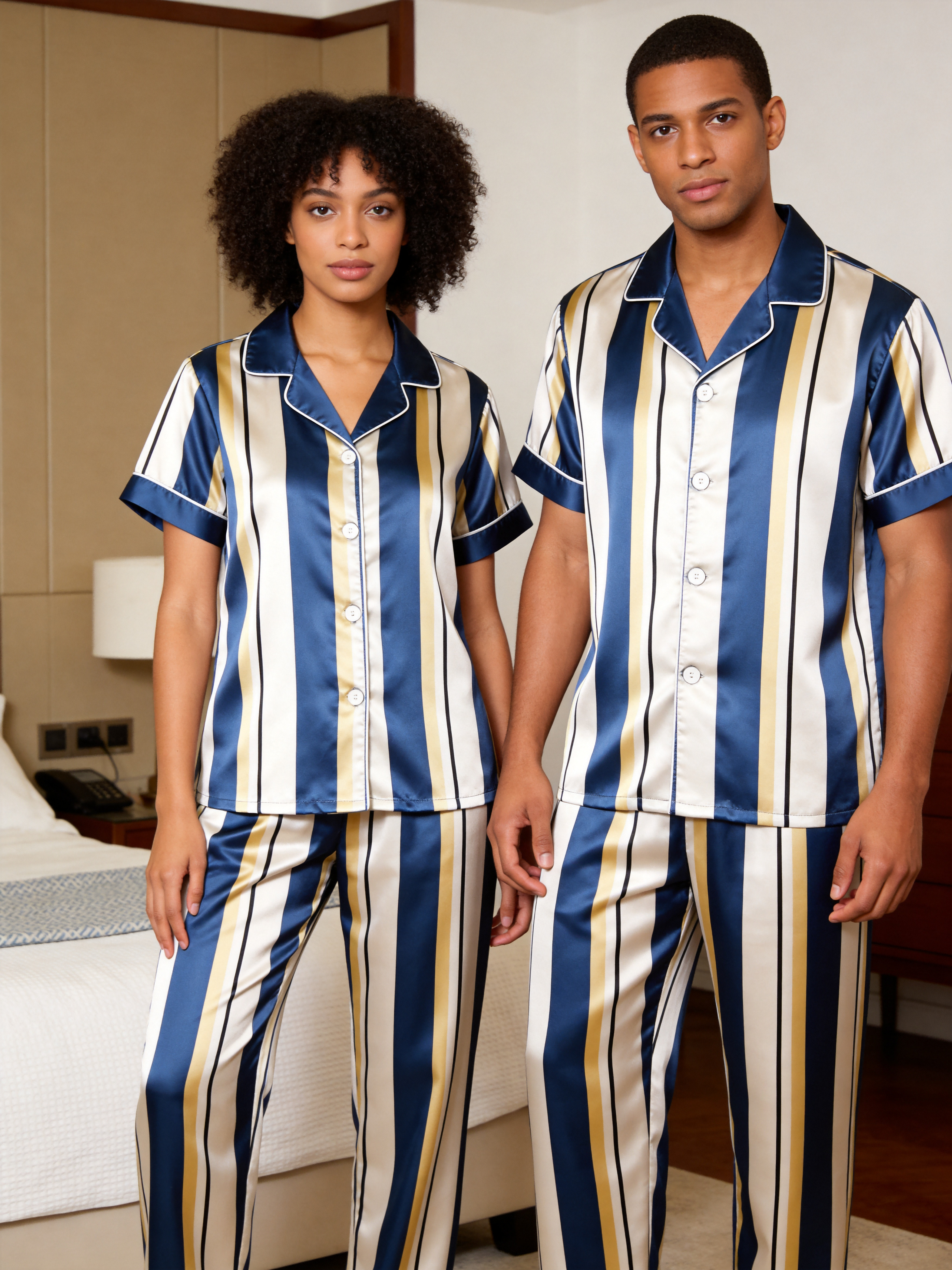 Vertical Stripe Short Sleeve Notched Collar Button-Down Shirt and Long Pants Nightwear