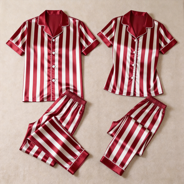 Classic Burgundy & White Striped Satin Matching Couple Pajamas – Short Sleeve Button-Down Top & Pants Sleepwear Set