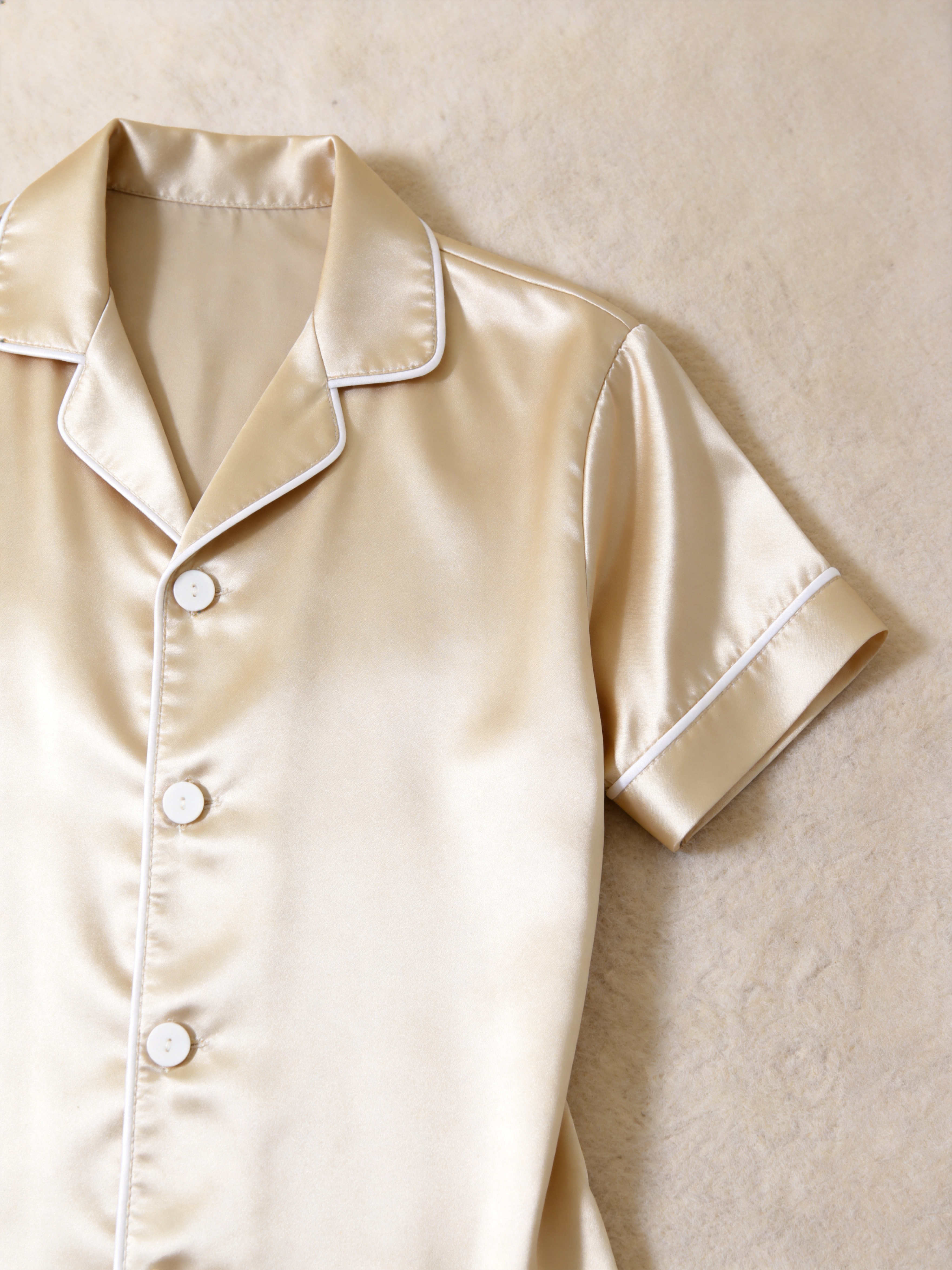 Solid Beige Satin Short Sleeve Couple Button-Down Pajamas