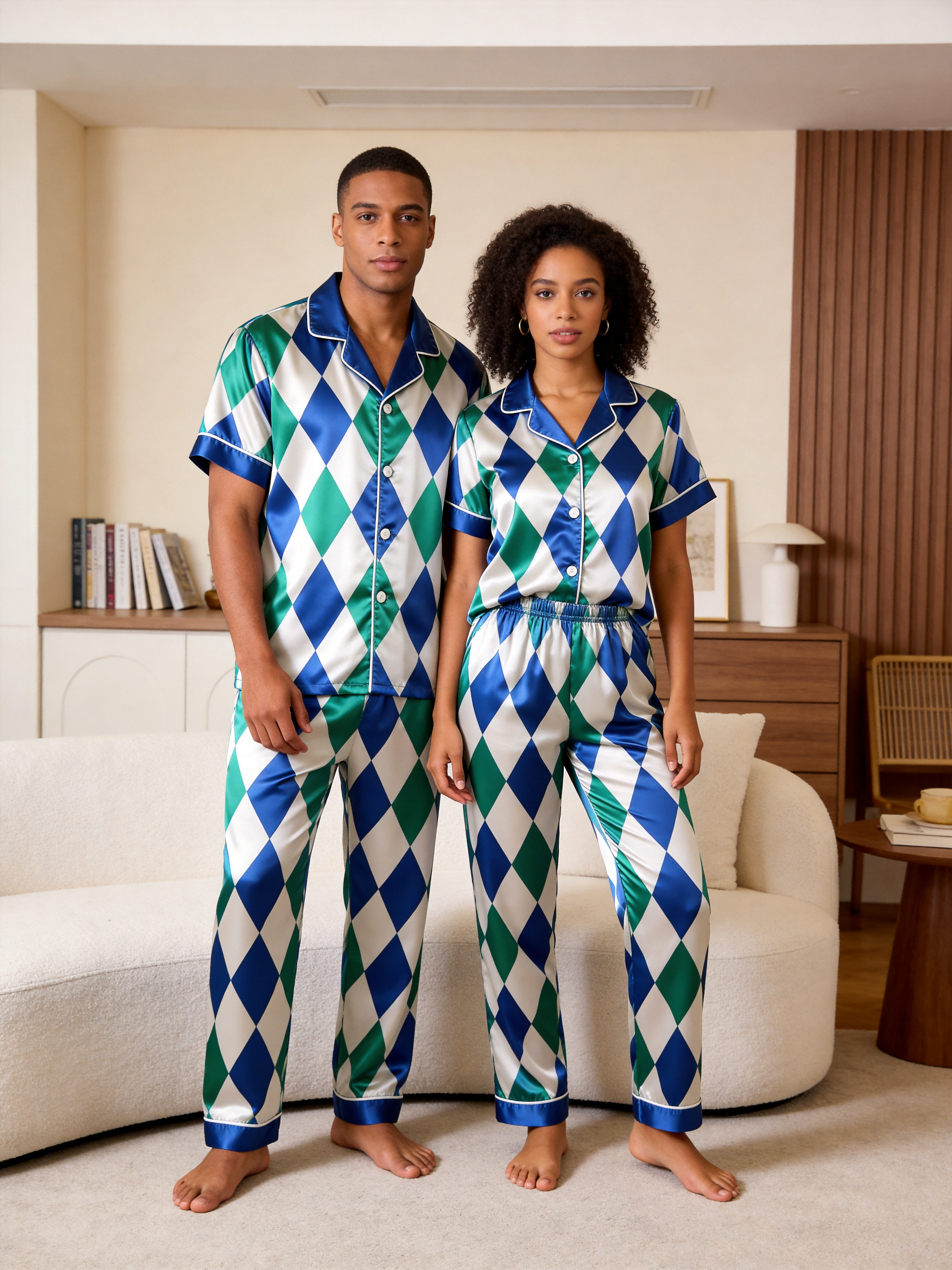Argyle Satin Matching Pajamas for Couples – Short Sleeve Button-Down Top & Pants Sleepwear Set