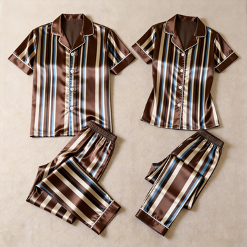 Vertical Stripe Short Sleeve Notched Collar Button-Down Shirt and Long Pants Nightwear