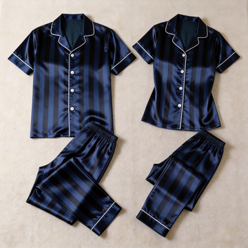 Luxury Vertical Blue Stripe Satin Couples Pajamas