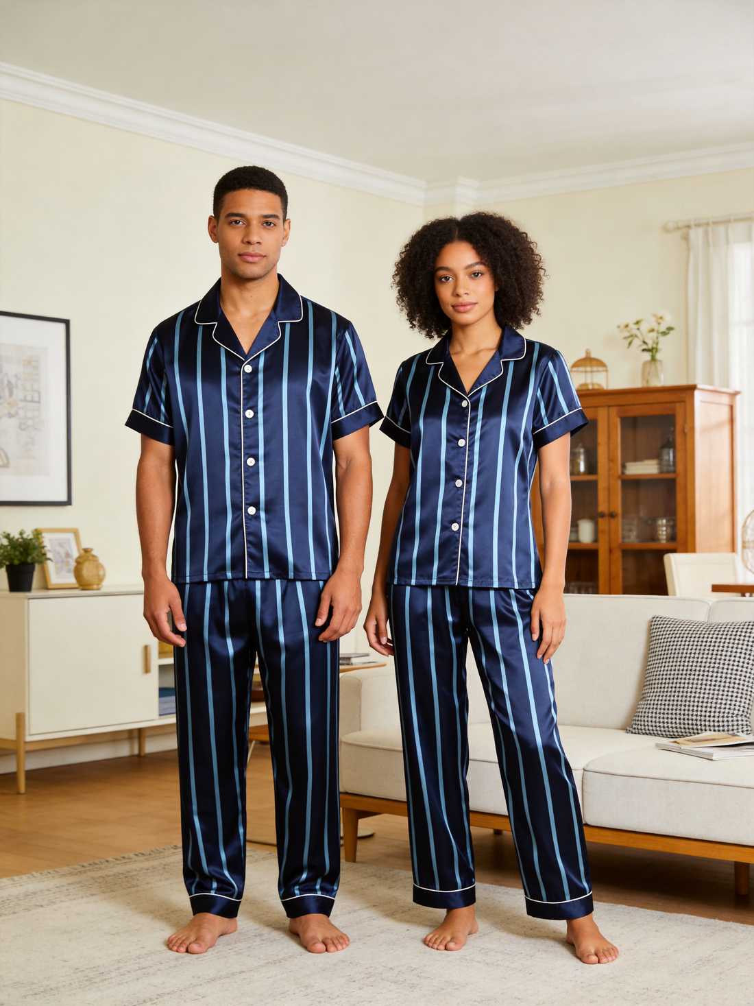 Blue Vertical Stripe Short Sleeve Notched Collar Button-Down Shirt and Long Pants Nightwear