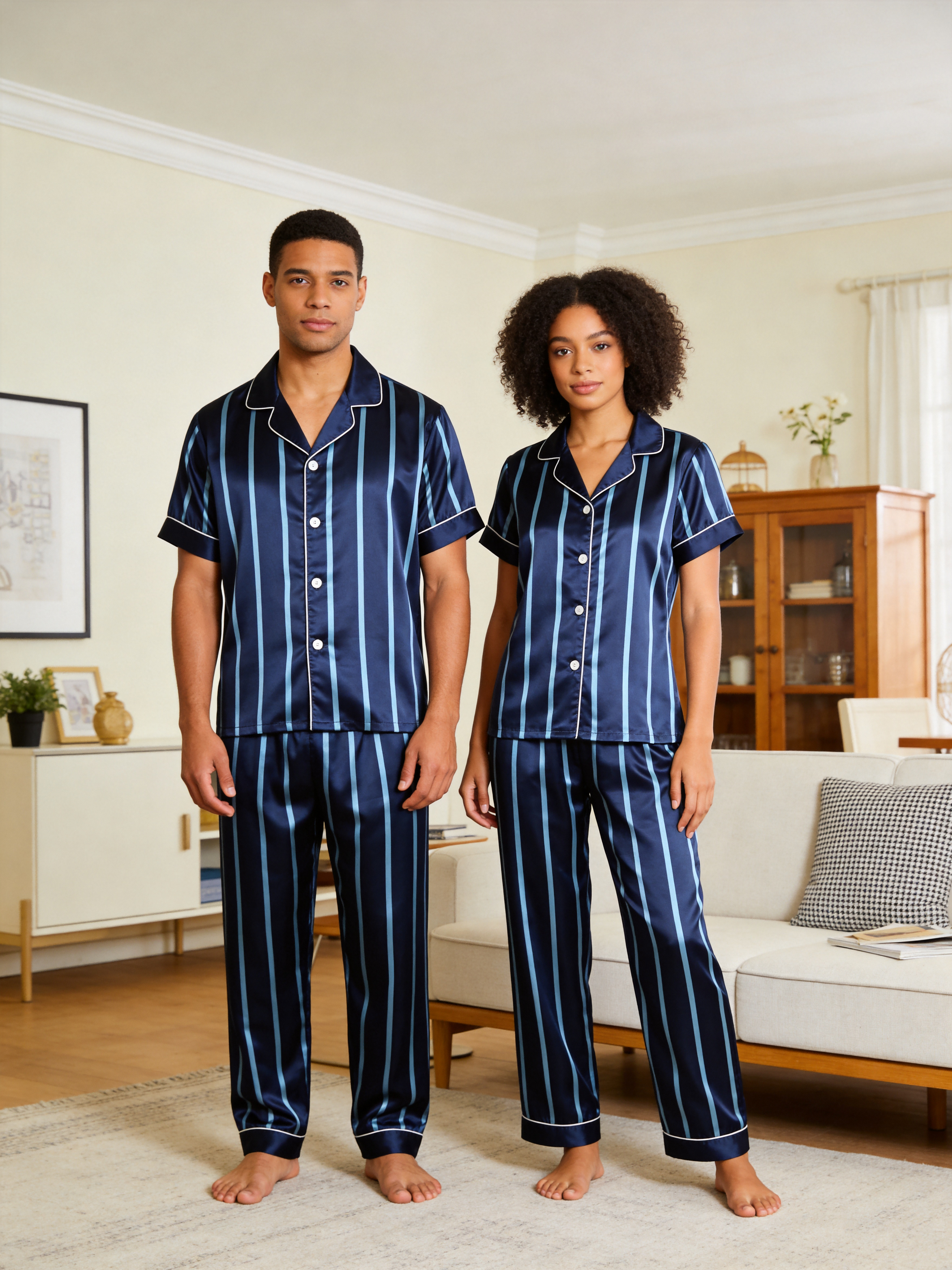Vertical Stripe Short Sleeve Notched Collar Button-Down Shirt and Long Pants Nightwear