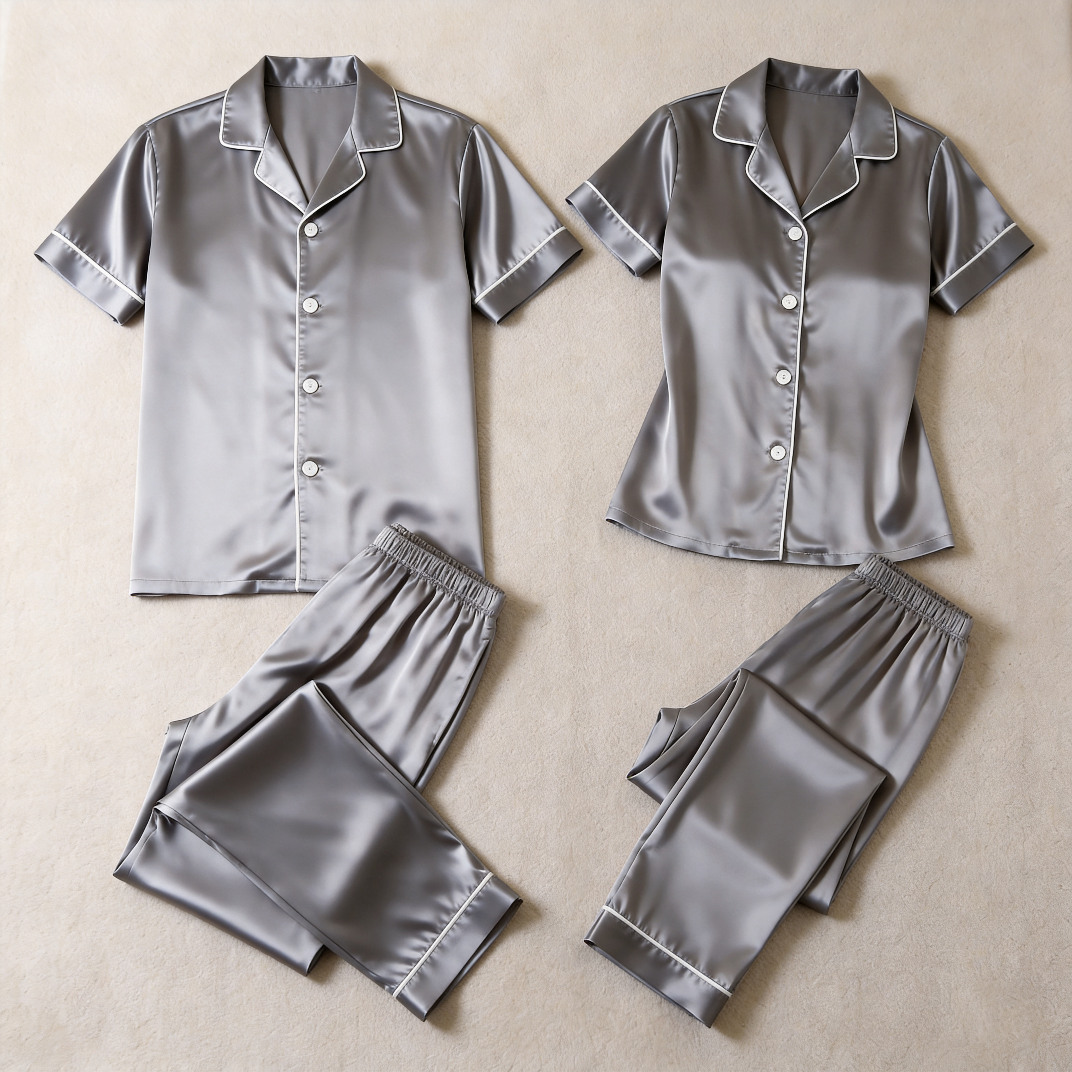 Solid Beige Satin Short Sleeve Couple Button-Down Pajamas