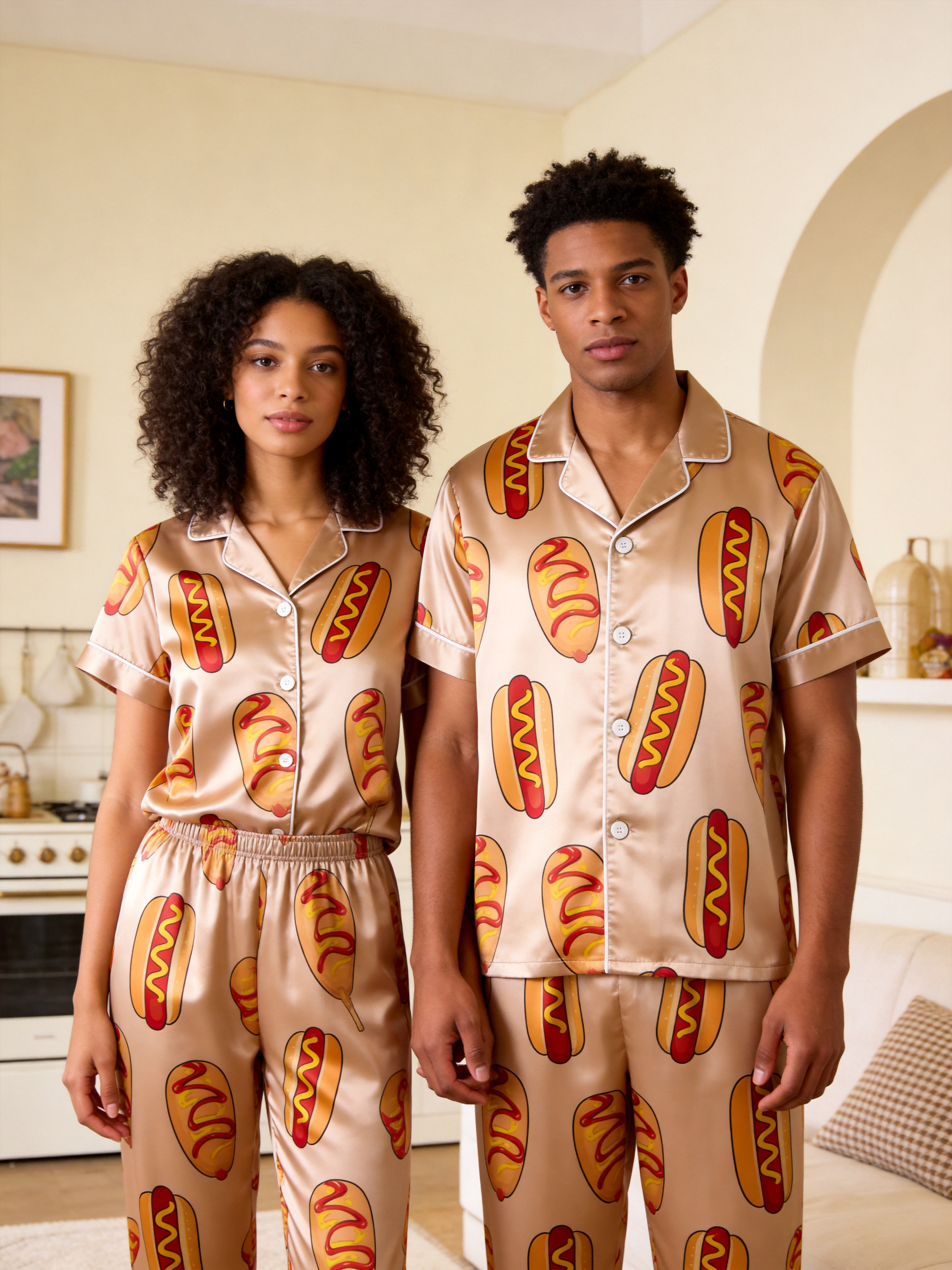 Cute Food Print Couple Short Sleeve Satin Button-Down Top & Pants Sleepwear Set