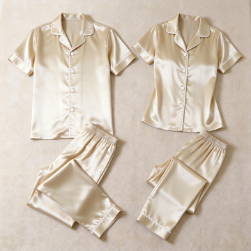 Solid Beige Satin Short Sleeve Couple Button-Down Pajamas