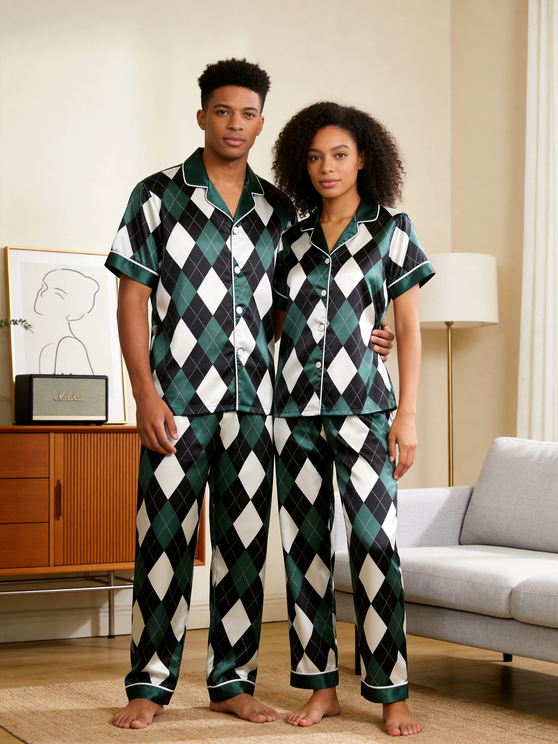 Green Argyle Satin Matching Pajamas for Couples – Short Sleeve Button-Down Top & Pants Sleepwear Set