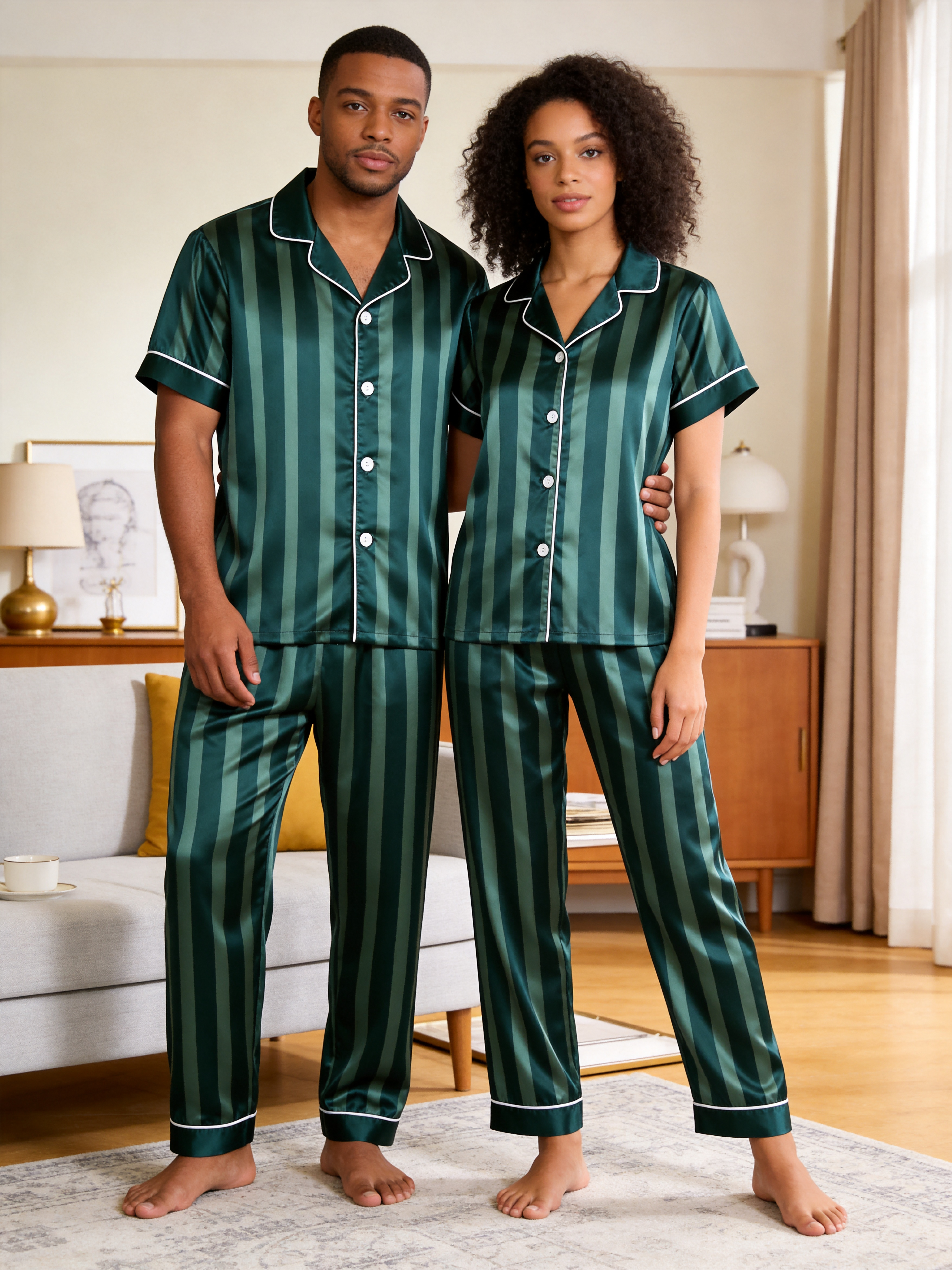 Luxury Vertical Stripe Satin Couples Pajamas