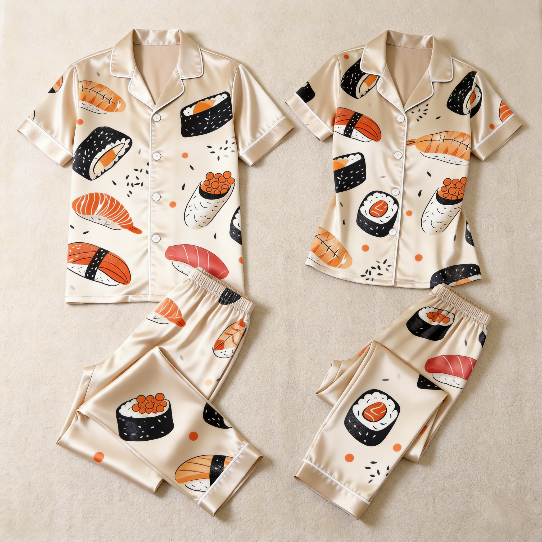 Cute Food Print Couple Short Sleeve Satin Button-Down Top & Pants Sleepwear Set