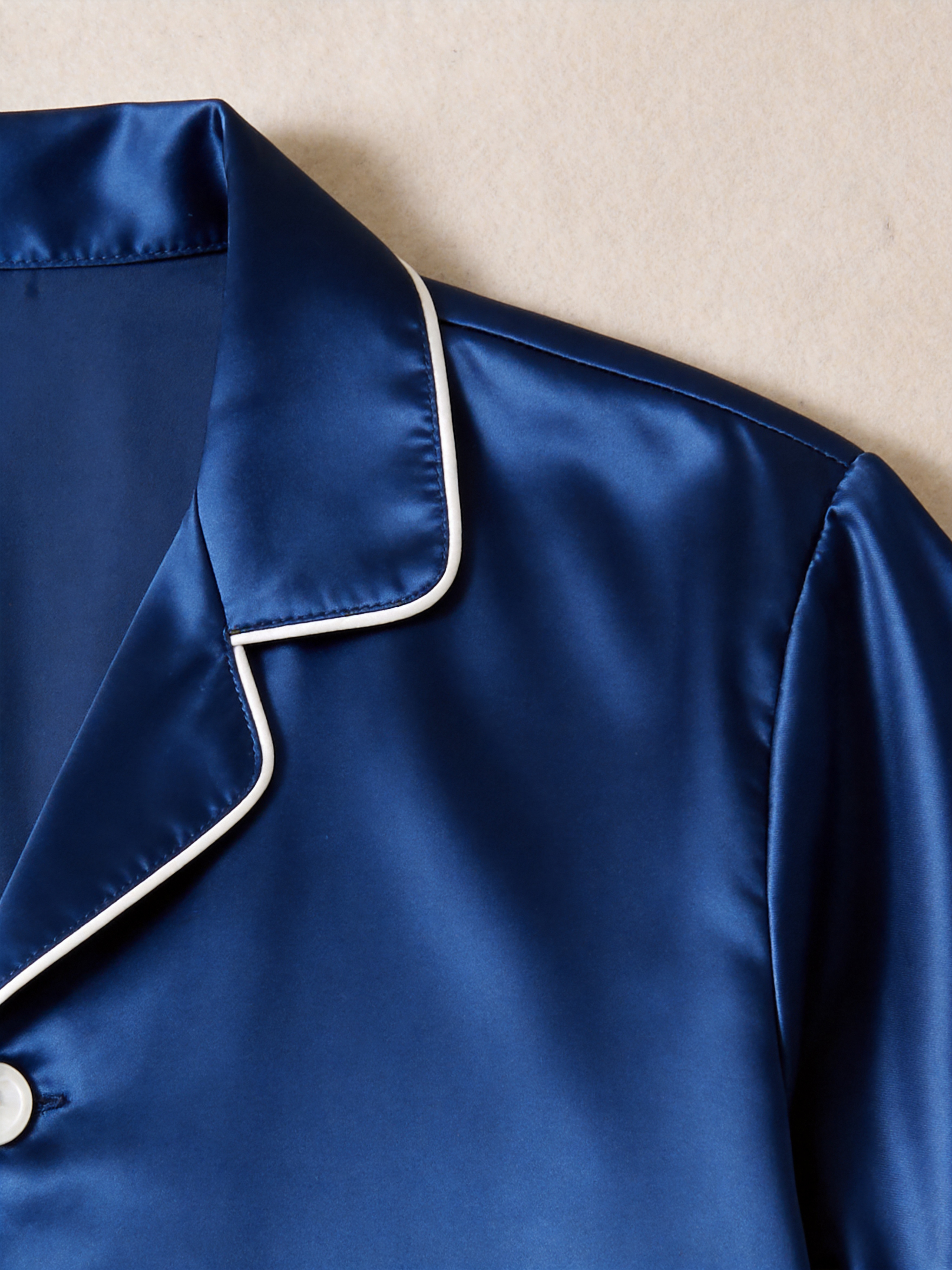 Solid Navy Blue Satin Short Sleeve Couple Button-Down Pajamas