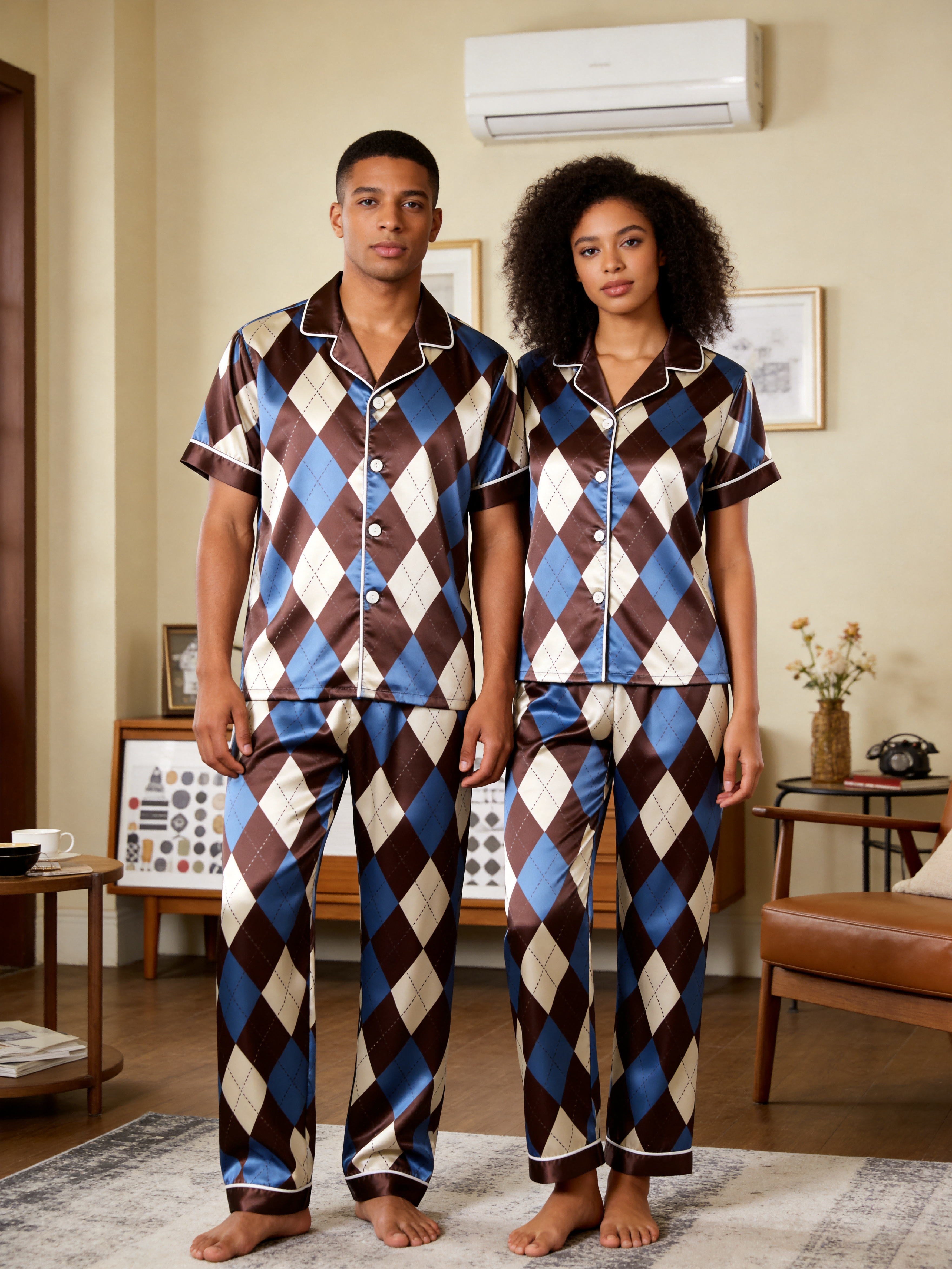 Argyle Satin Matching Pajamas for Couples – Short Sleeve Button-Down Top & Pants Sleepwear Set