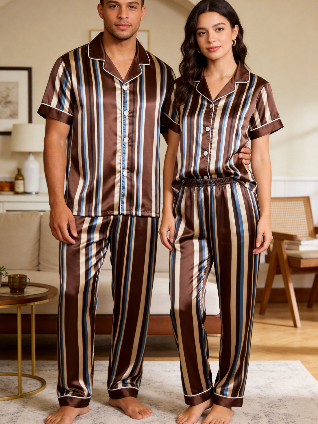 Vertical Stripe Short Sleeve Notched Collar Button-Down Shirt and Long Pants Nightwear