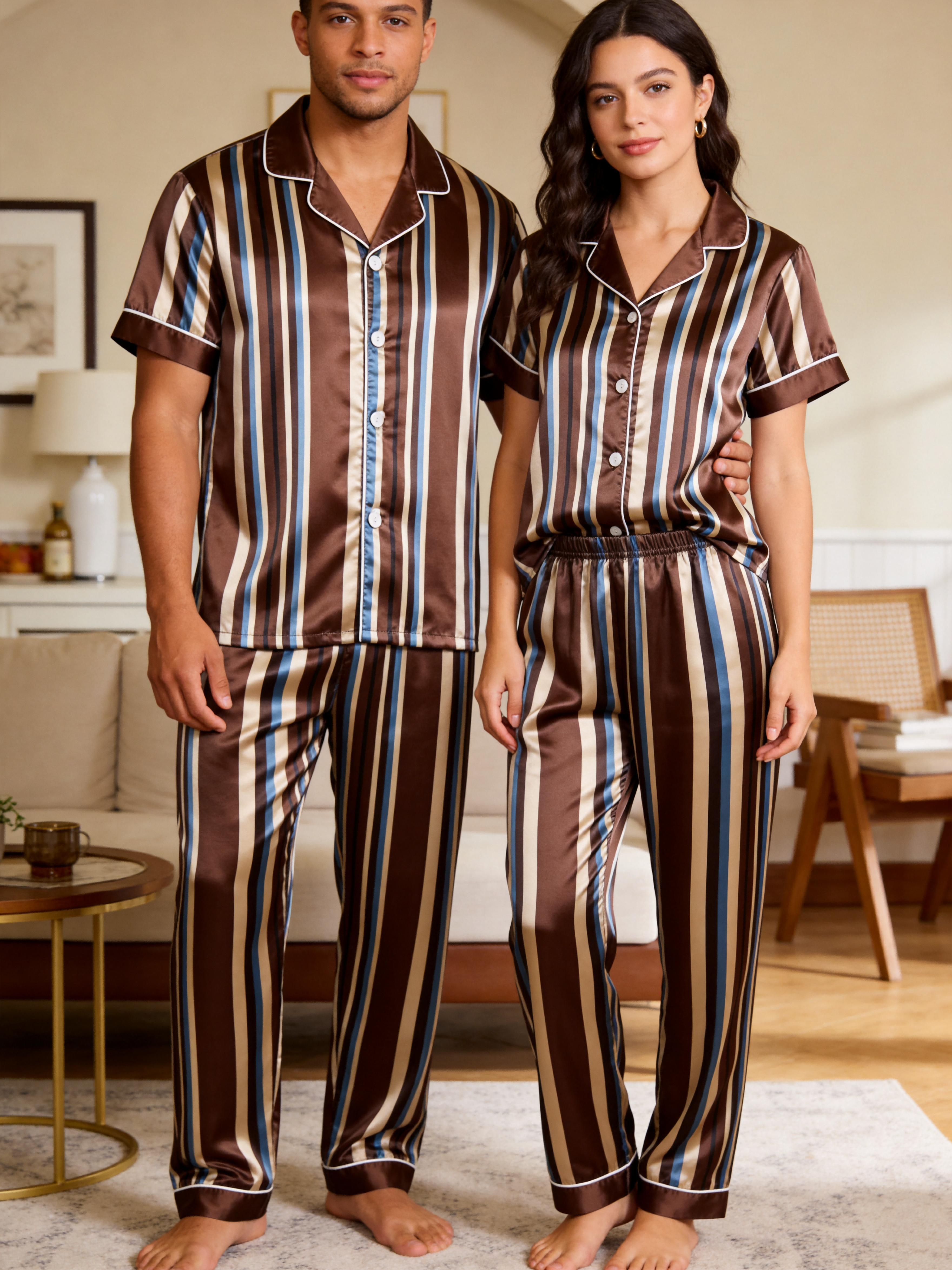 Vertical Stripe Short Sleeve Notched Collar Button-Down Shirt and Long Pants Nightwear