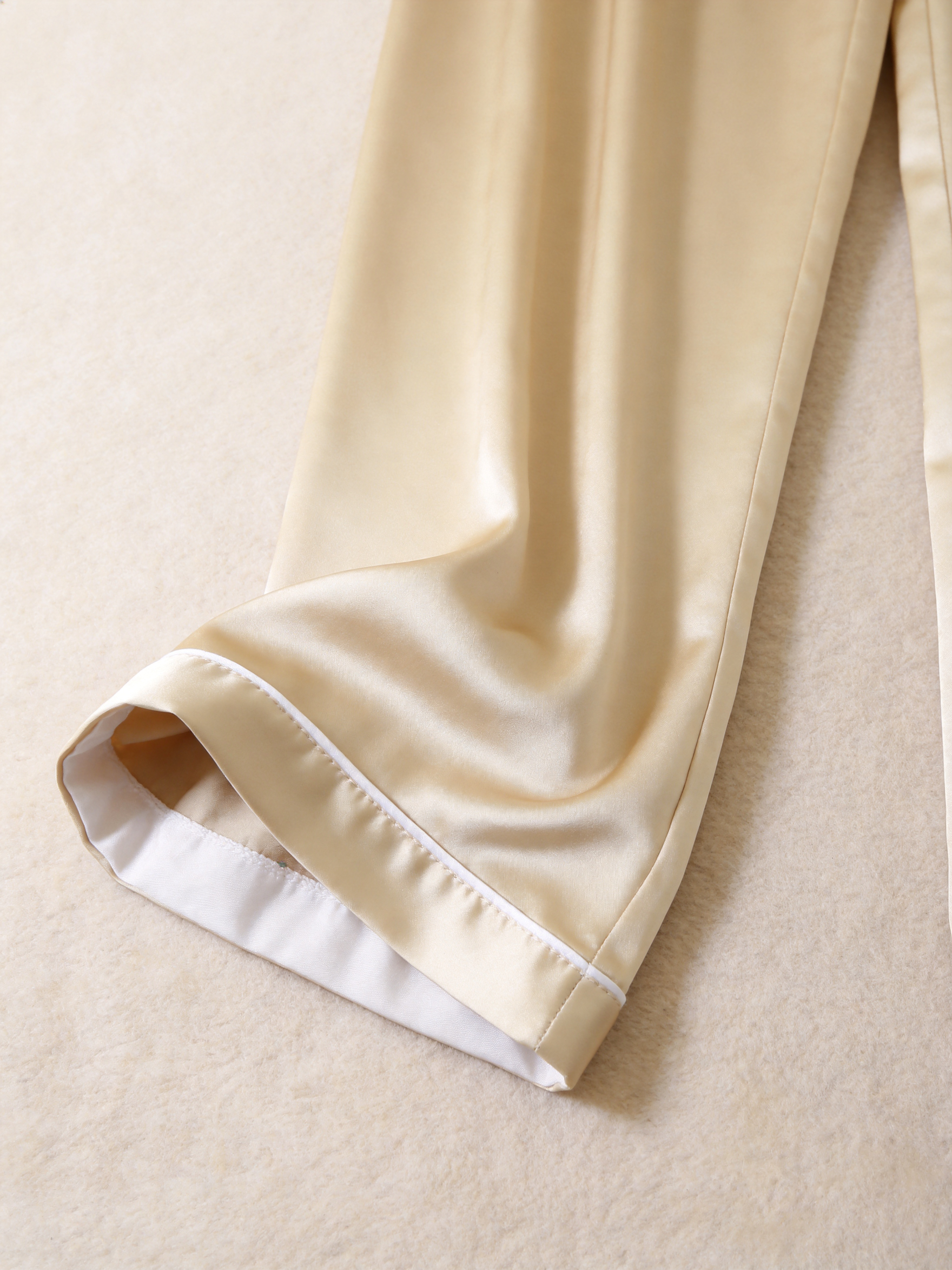 Solid Beige Satin Short Sleeve Couple Button-Down Pajamas