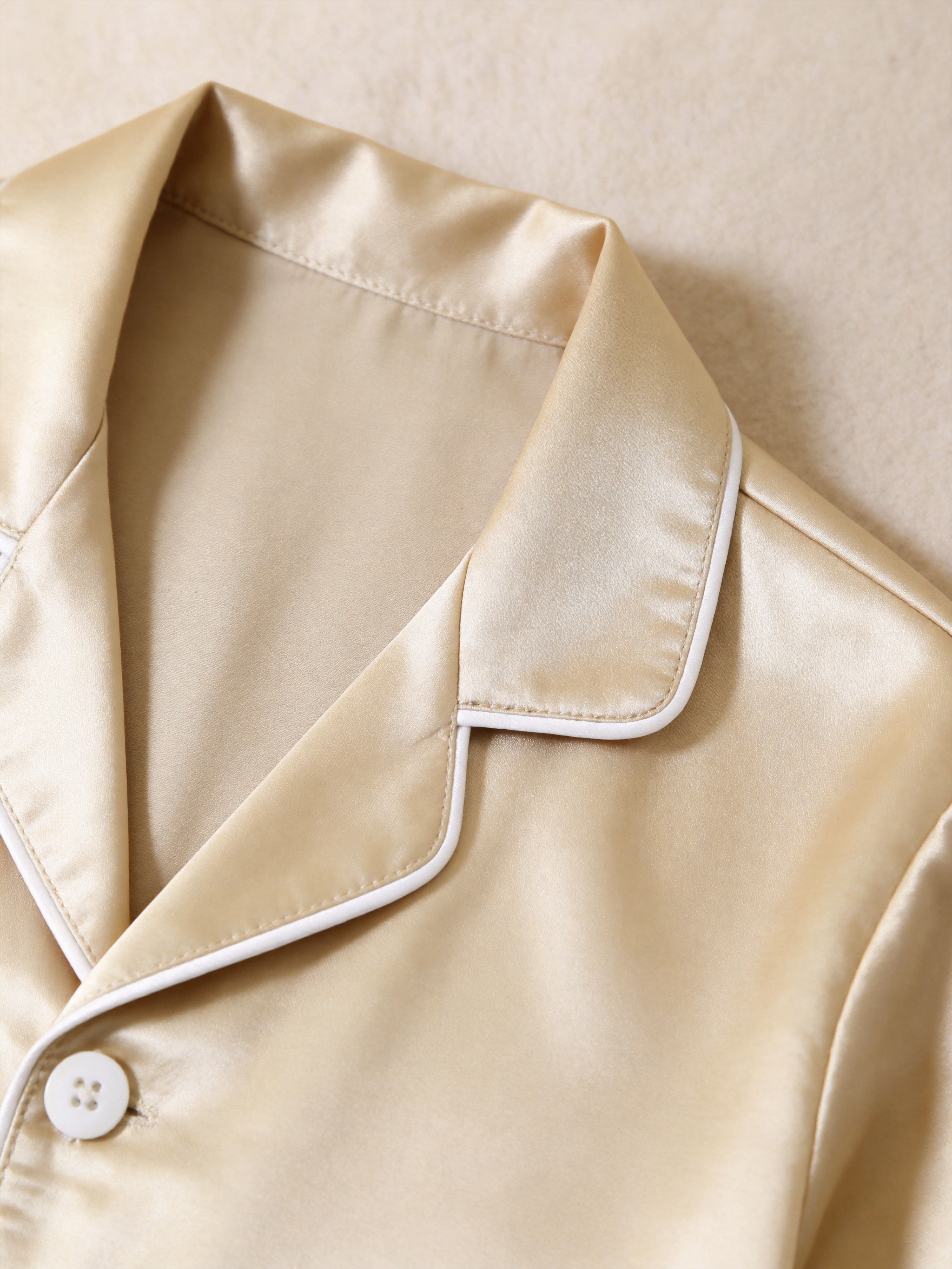 Solid Beige Satin Short Sleeve Couple Button-Down Pajamas