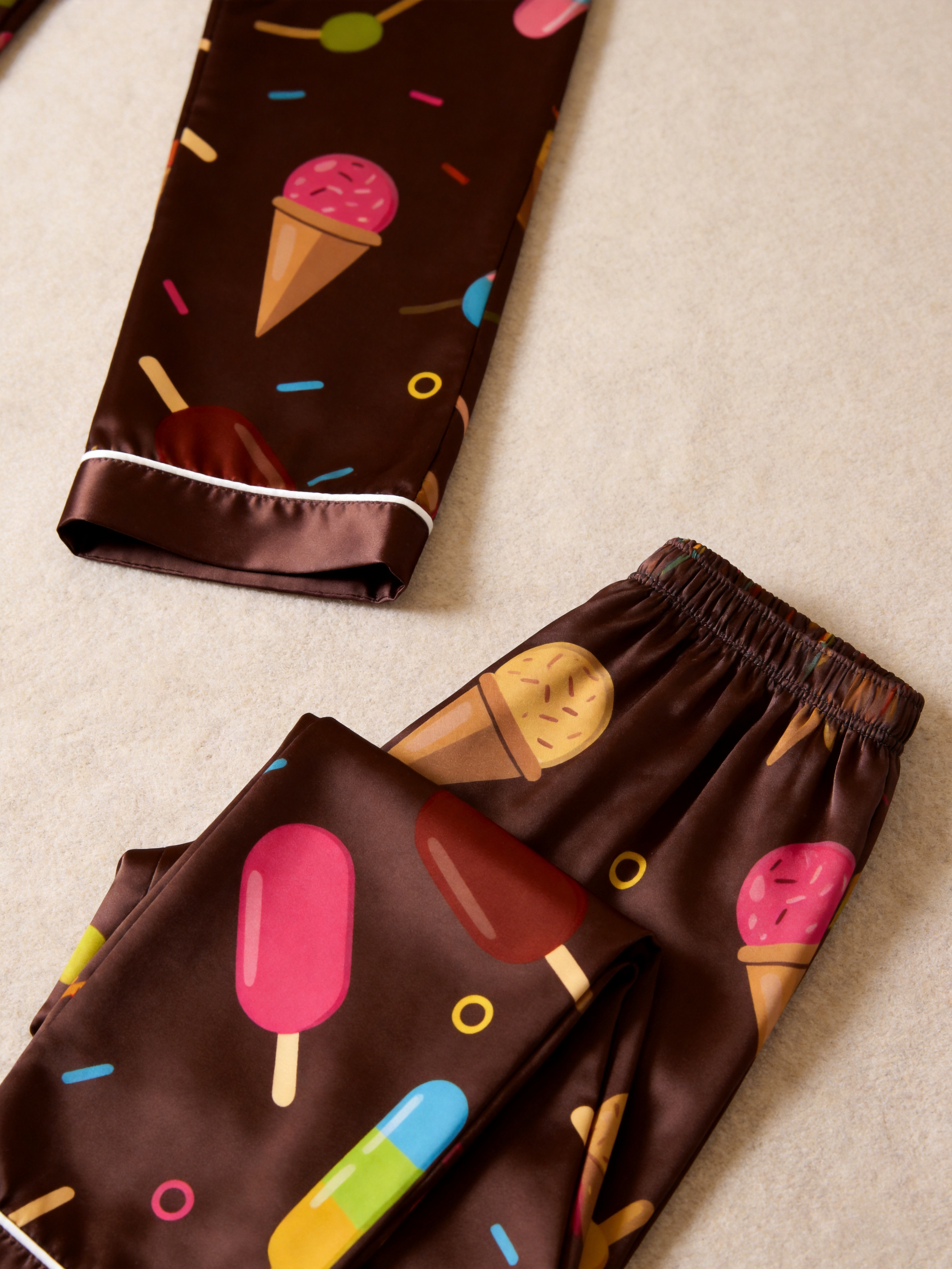 Cute Food Print Couple Short Sleeve Satin Button-Down Top & Pants Sleepwear Set