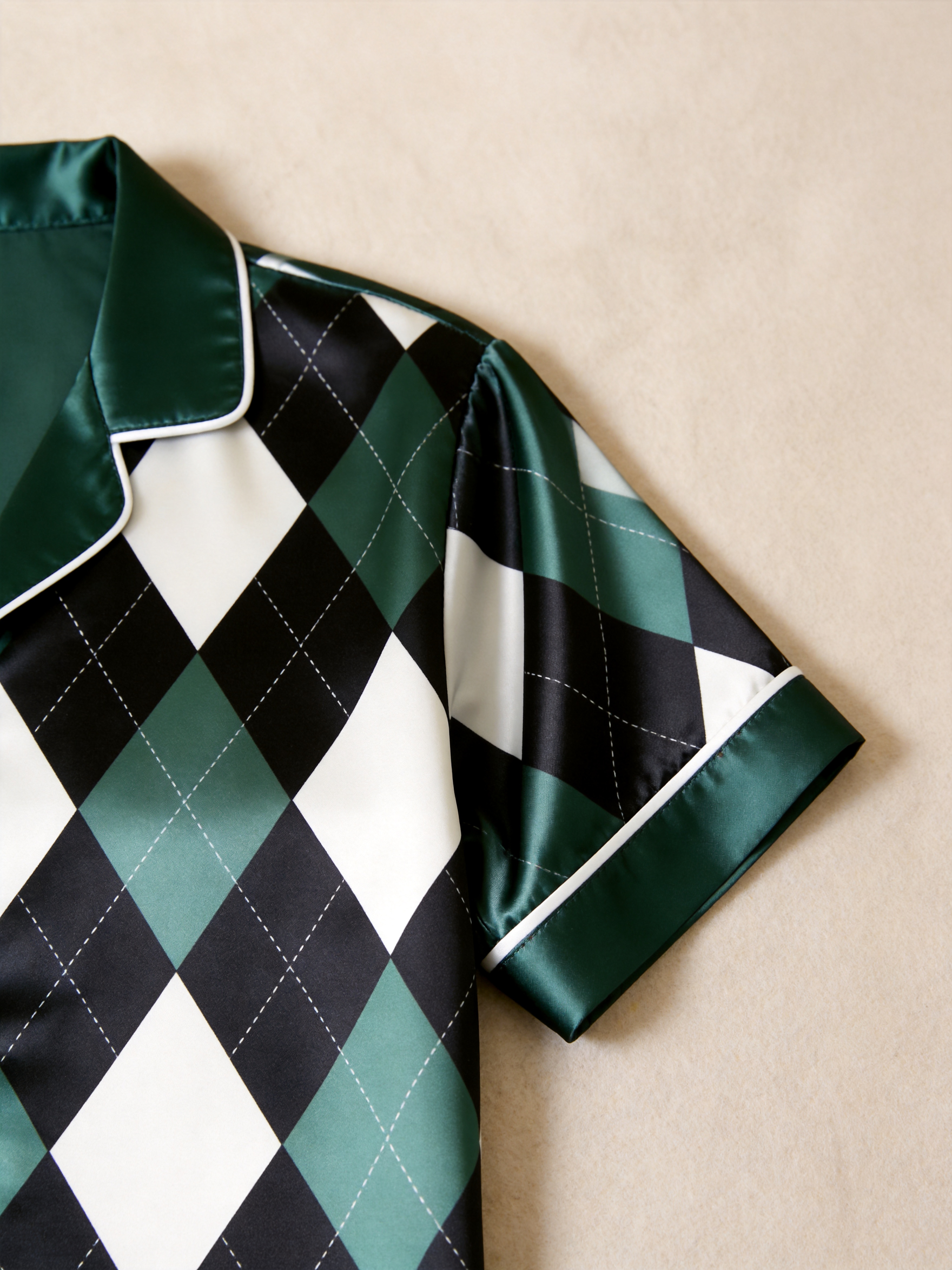 Argyle Satin Matching Pajamas for Couples – Short Sleeve Button-Down Top & Pants Sleepwear Set