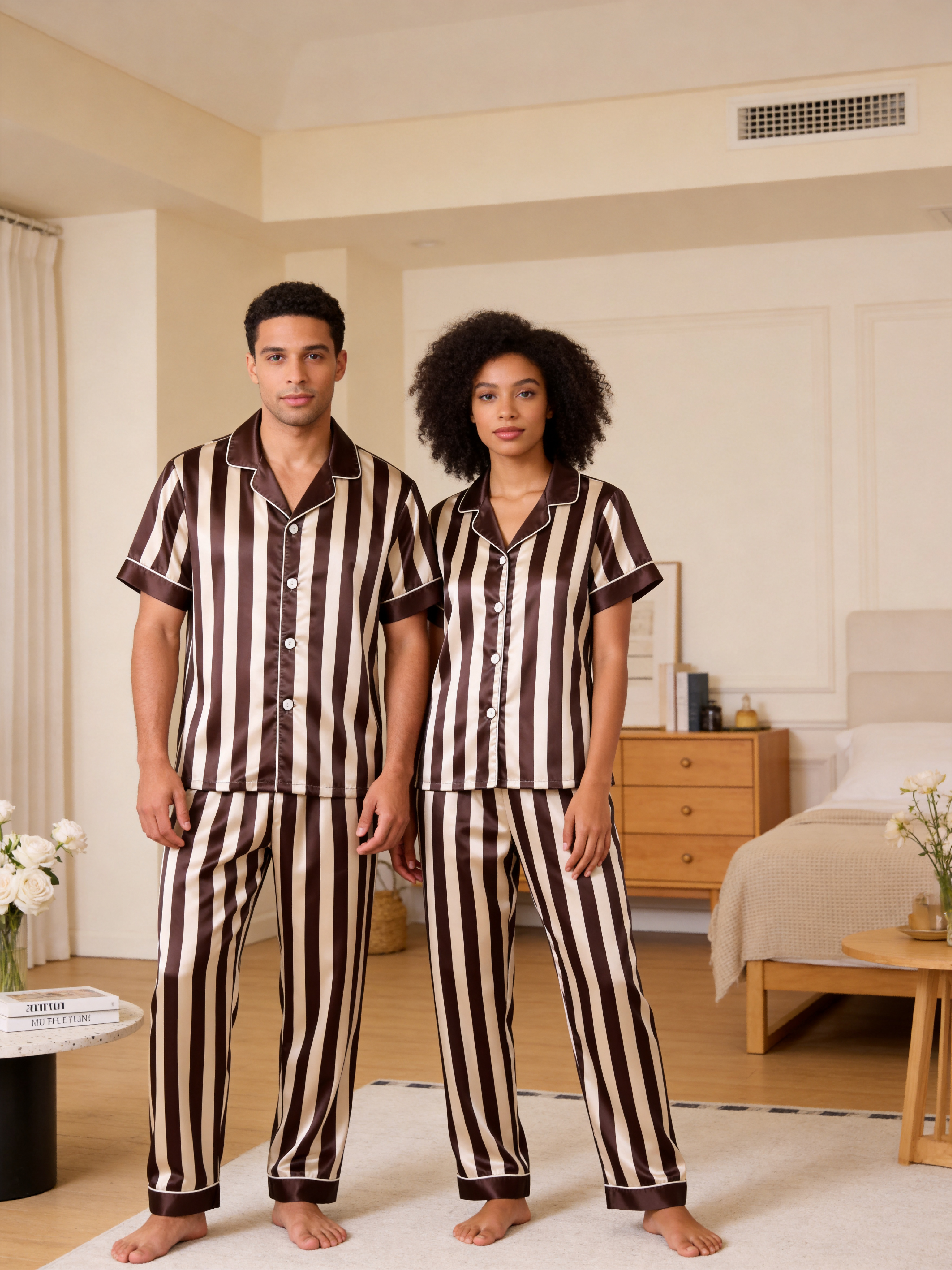 Classic Striped Satin Matching Couple Pajamas – Short Sleeve Button-Down Top & Pants Sleepwear Set