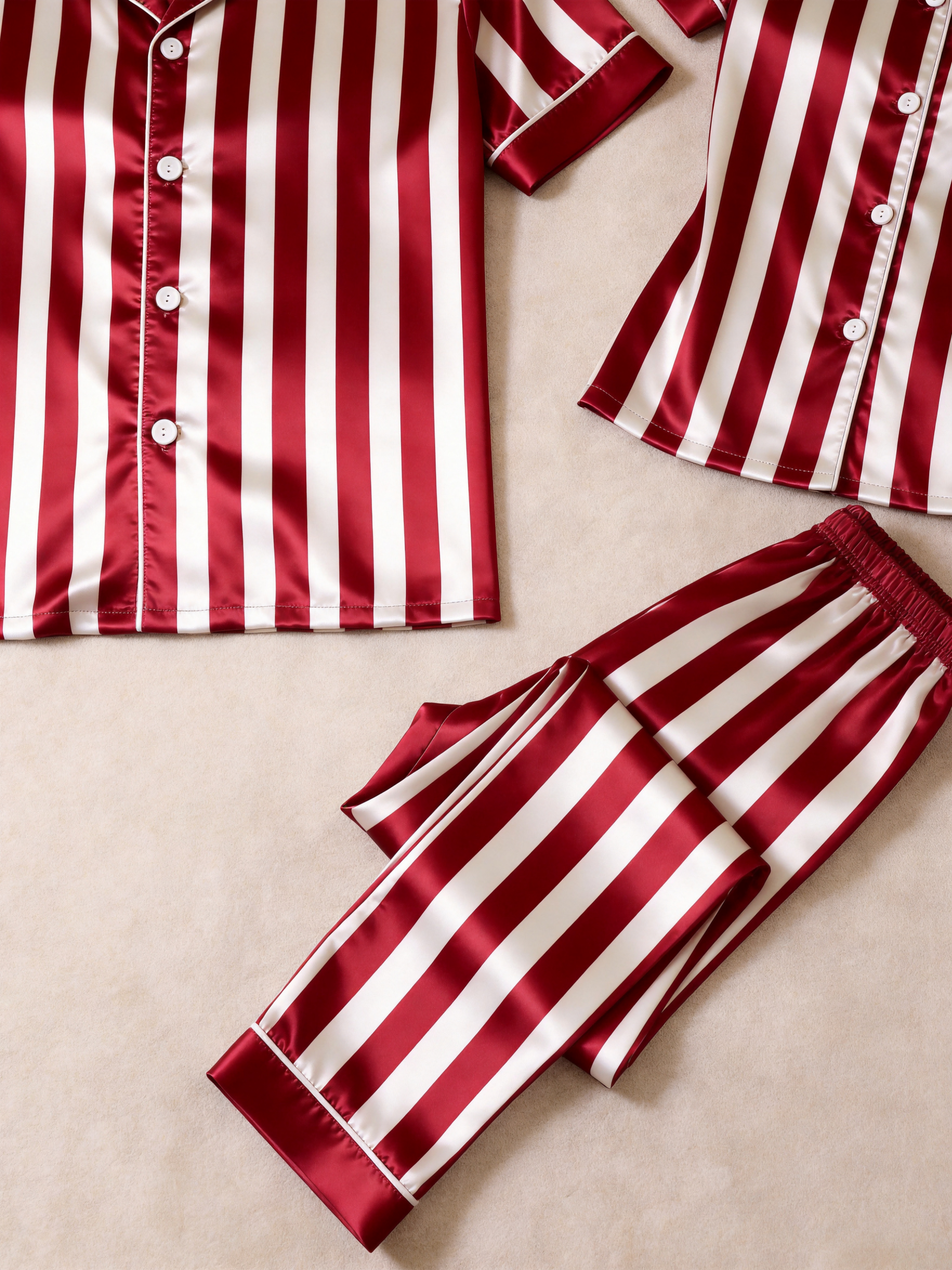 Classic Striped Satin Matching Couple Pajamas – Short Sleeve Button-Down Top & Pants Sleepwear Set