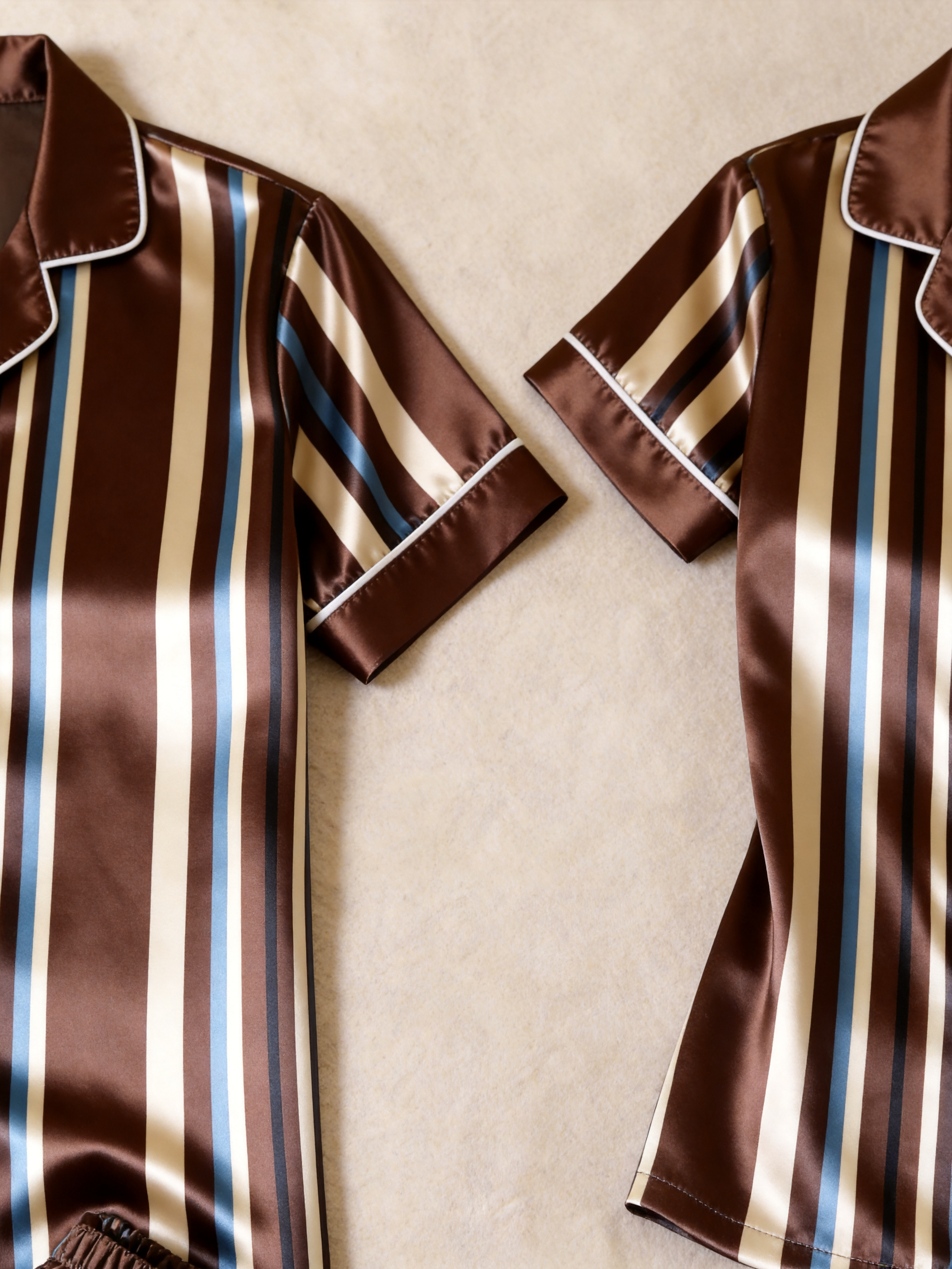 Vertical Stripe Short Sleeve Notched Collar Button-Down Shirt and Long Pants Nightwear