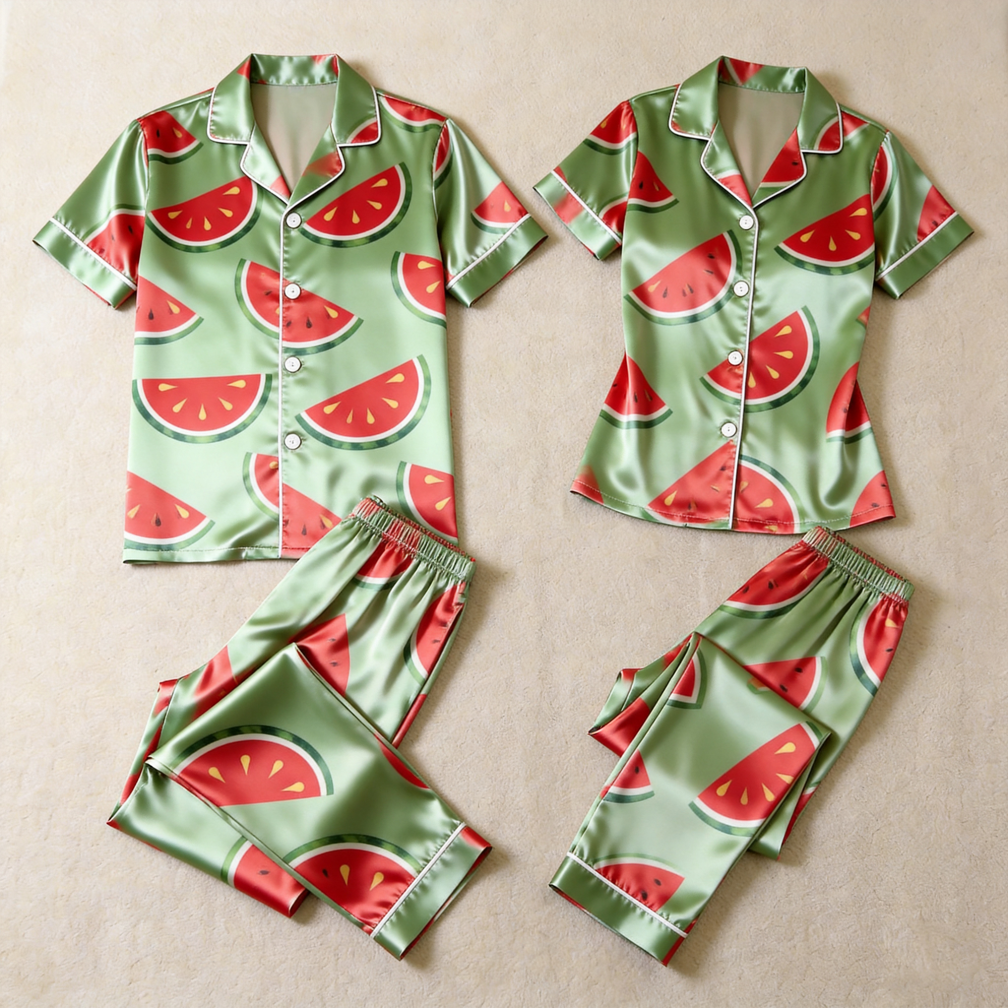 Cute Food Print Couple Short Sleeve Satin Button-Down Top & Pants Sleepwear Set