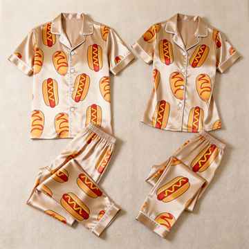 Funny Hot Dog Print Satin Matching Couples Pajamas – Short Sleeve Button-Up Top & Pants Nightwear Set