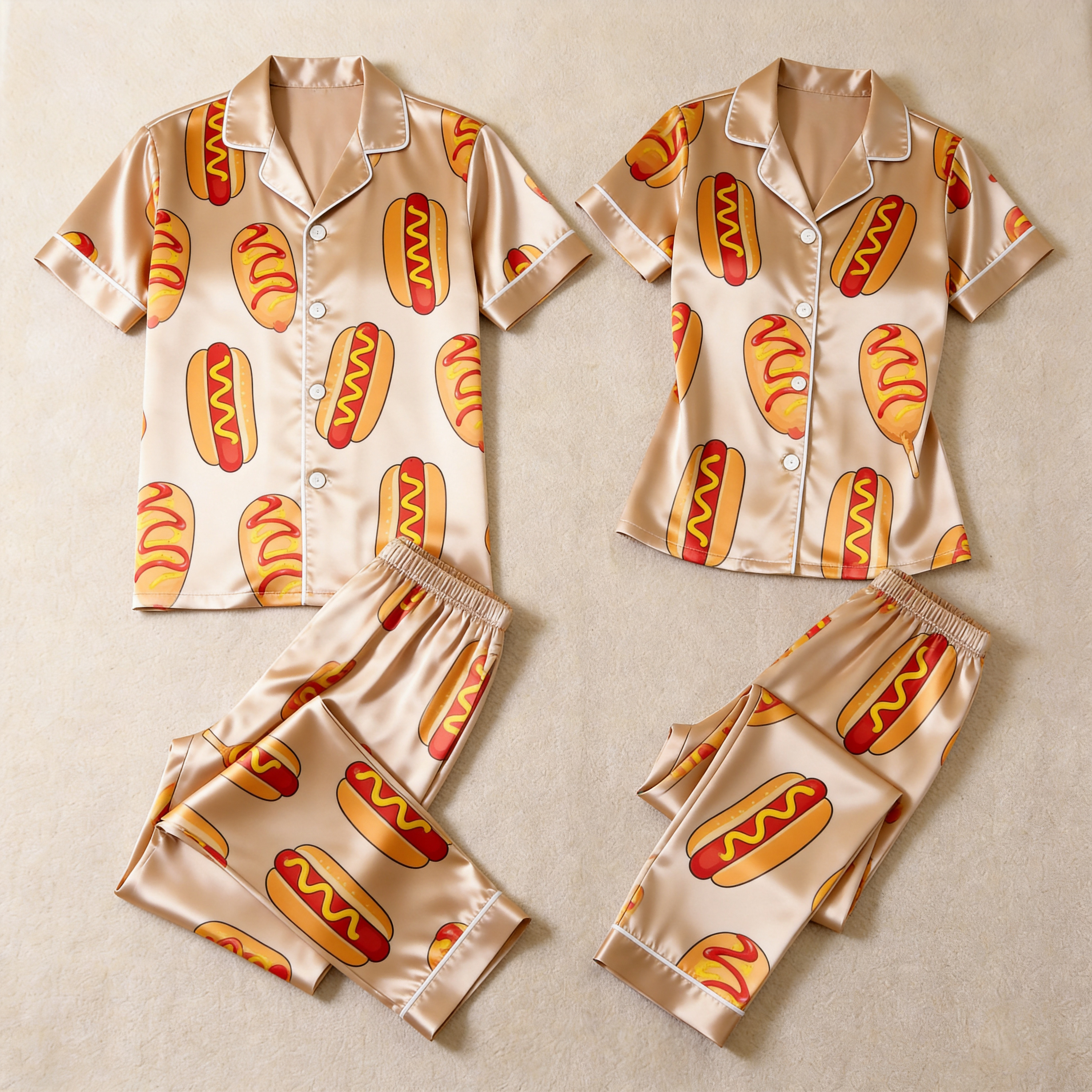 Cute Food Print Couple Short Sleeve Satin Button-Down Top & Pants Sleepwear Set