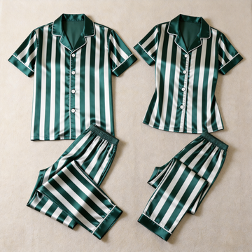 Classic Green & White Striped Satin Matching Couple Pajamas – Short Sleeve Button-Down Top & Pants Sleepwear Set