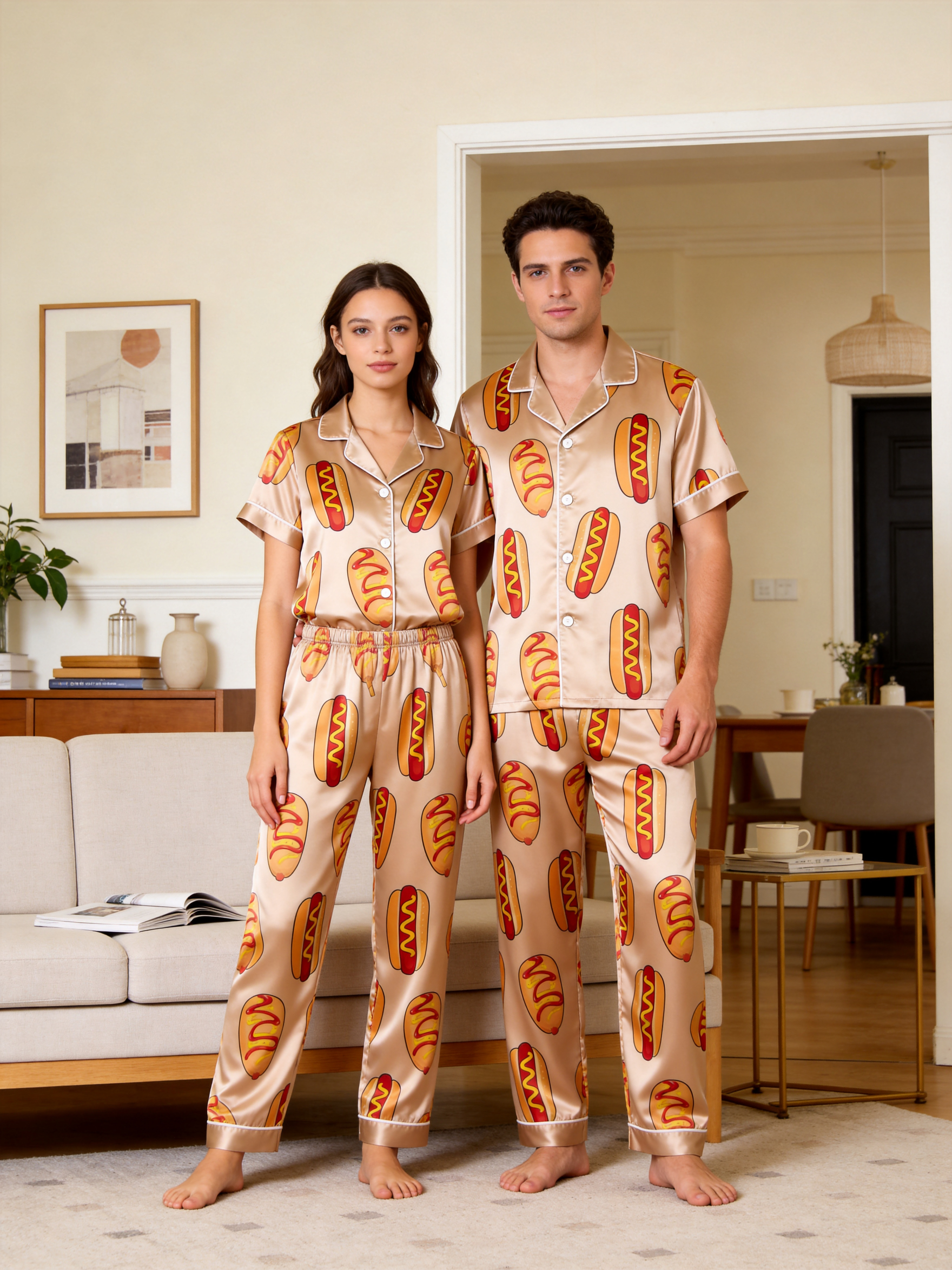 Cute Food Print Couple Short Sleeve Satin Button-Down Top & Pants Sleepwear Set