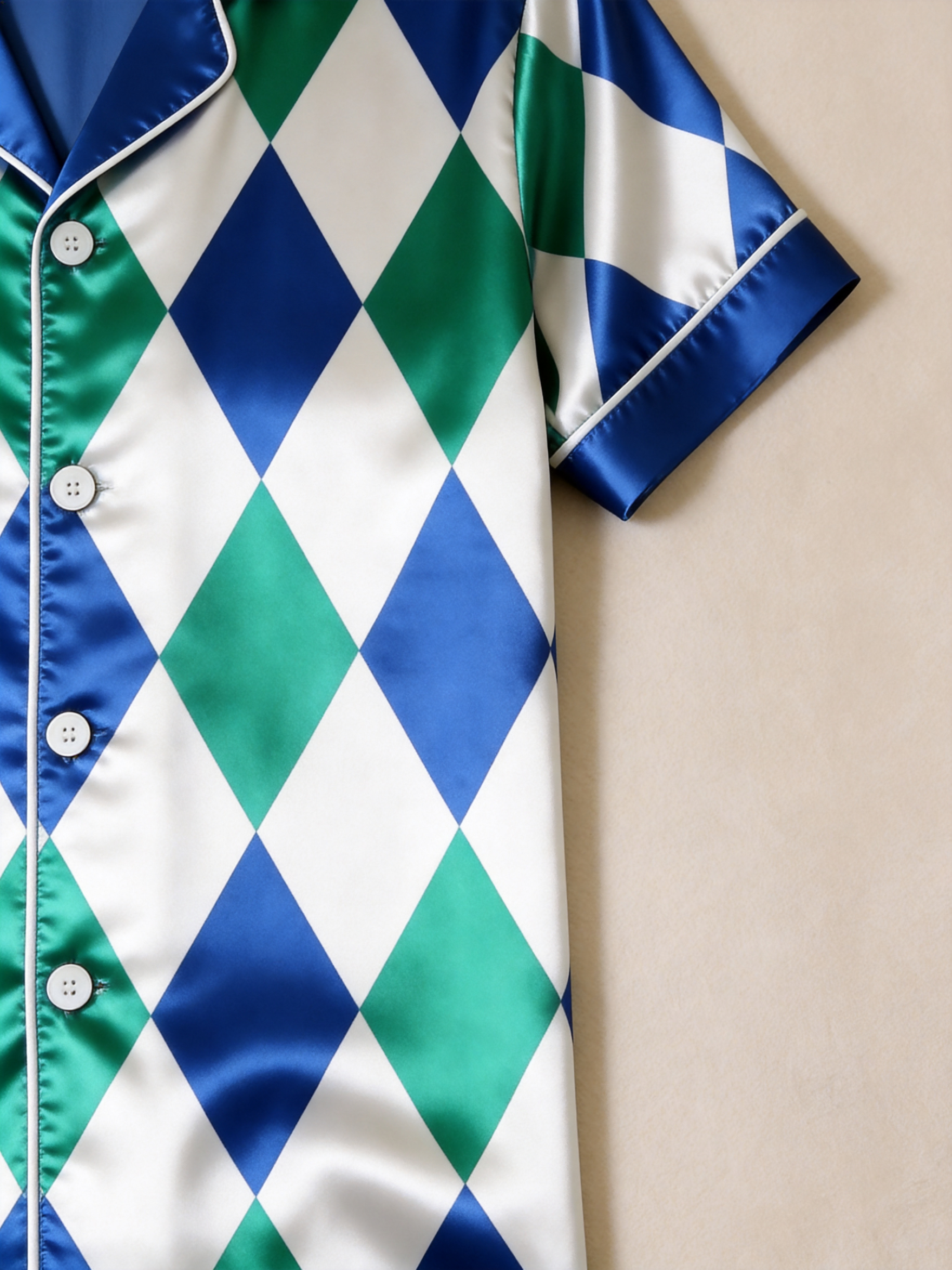 Argyle Satin Matching Pajamas for Couples – Short Sleeve Button-Down Top & Pants Sleepwear Set