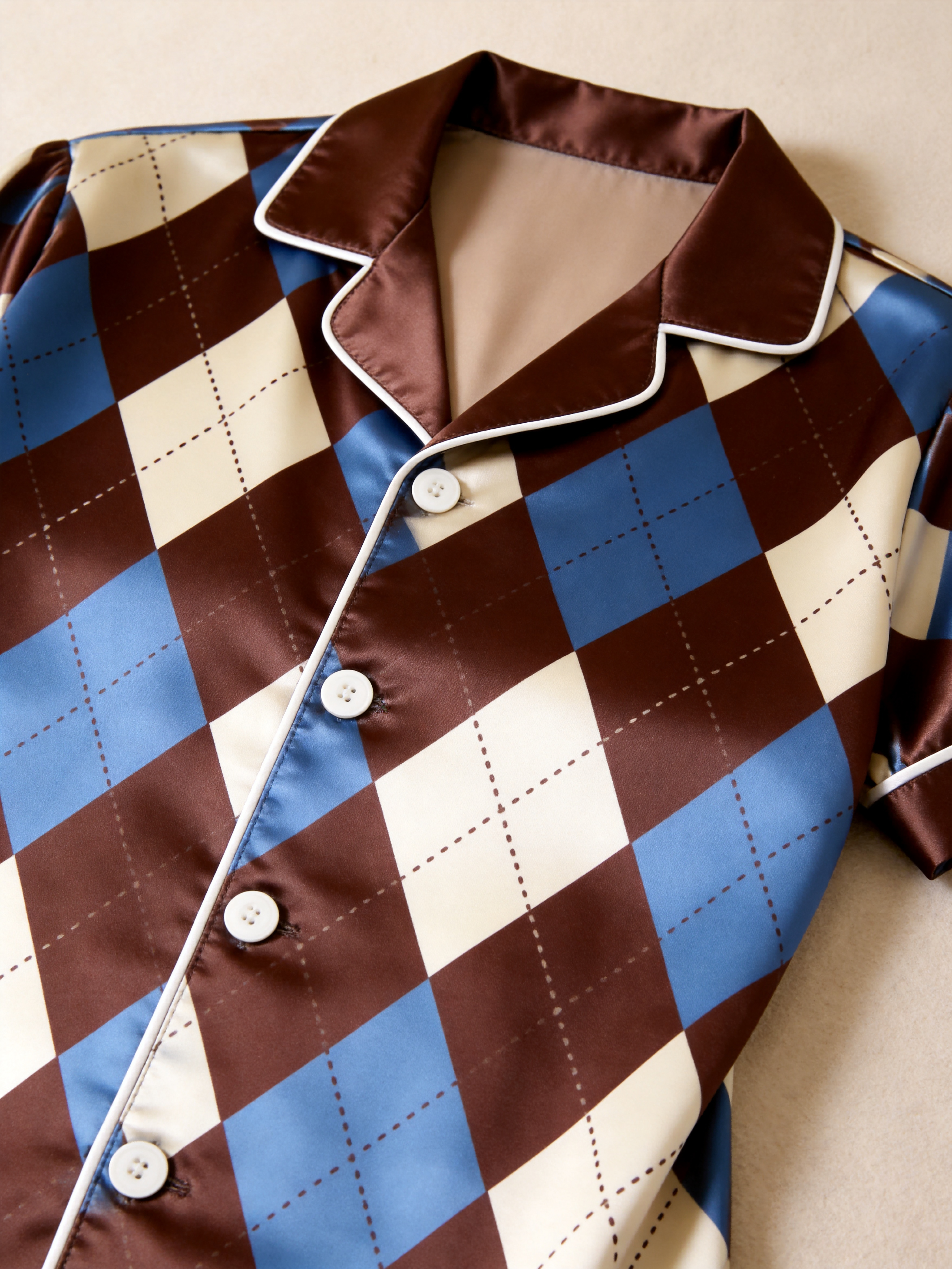 Argyle Satin Matching Pajamas for Couples – Short Sleeve Button-Down Top & Pants Sleepwear Set