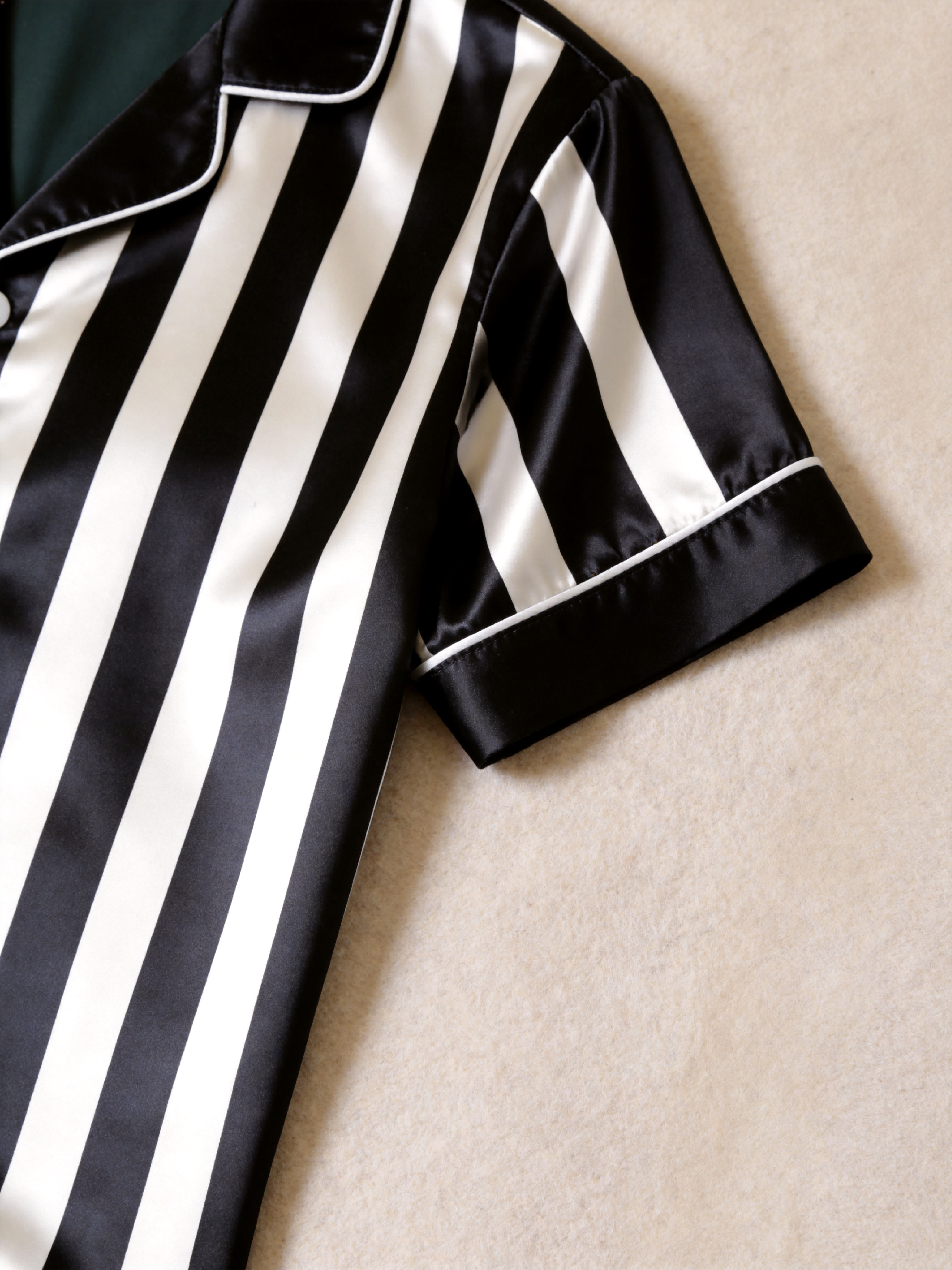 Classic Striped Satin Matching Couple Pajamas – Short Sleeve Button-Down Top & Pants Sleepwear Set