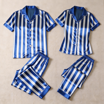 Classic Blue & White Striped Satin Matching Couple Pajamas – Short Sleeve Button-Down Top & Pants Sleepwear Set
