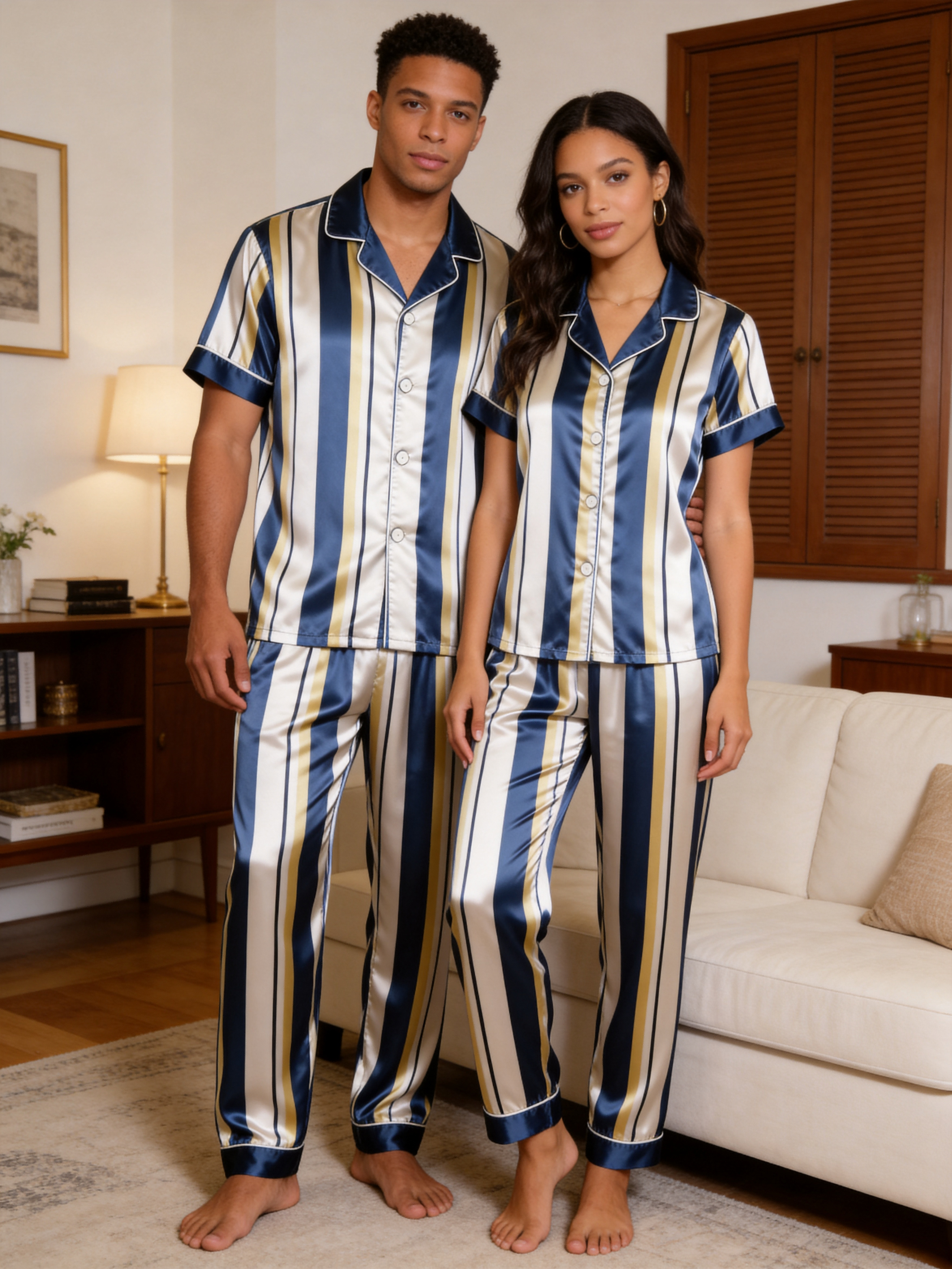 Vertical Stripe Short Sleeve Notched Collar Button-Down Shirt and Long Pants Nightwear