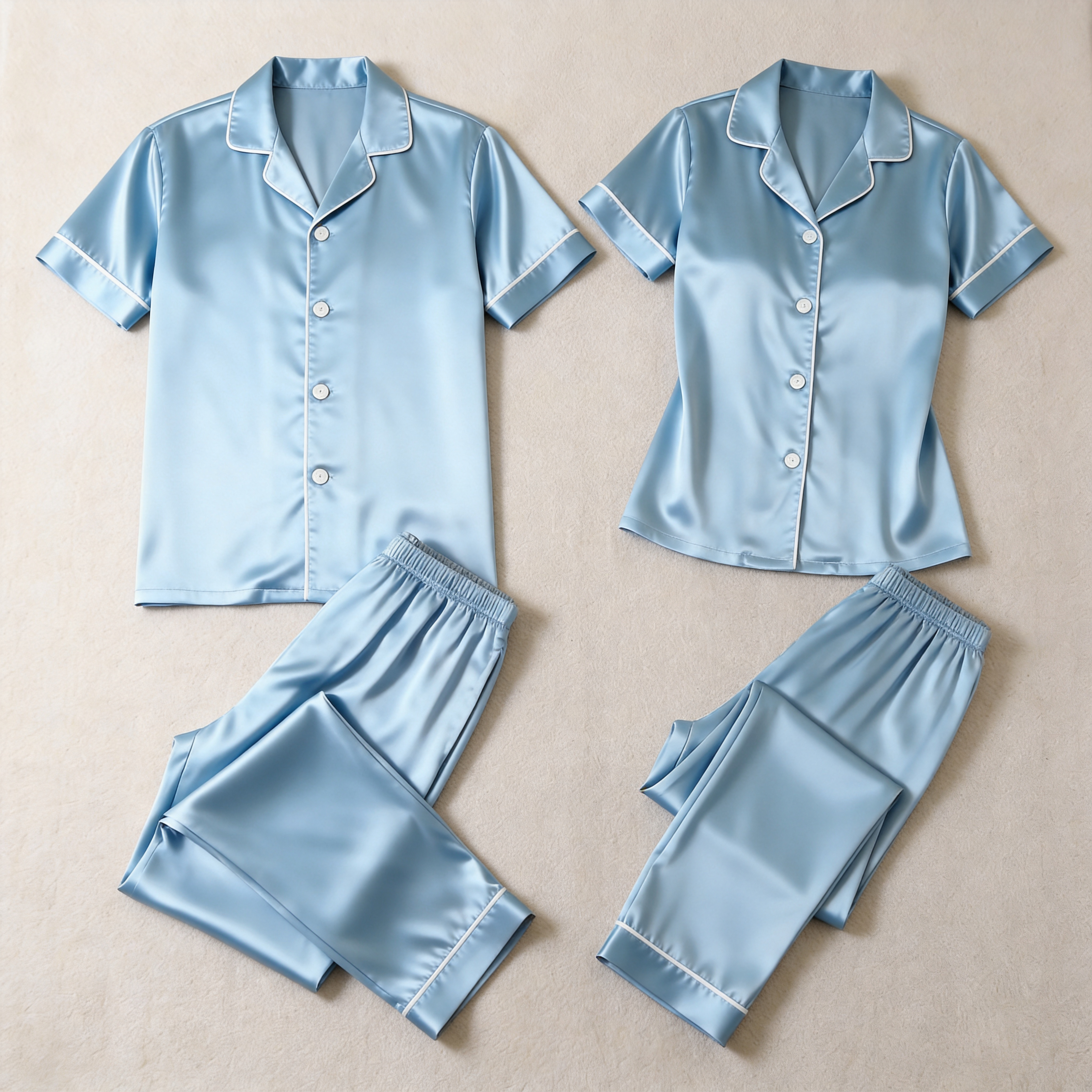 Solid Beige Satin Short Sleeve Couple Button-Down Pajamas